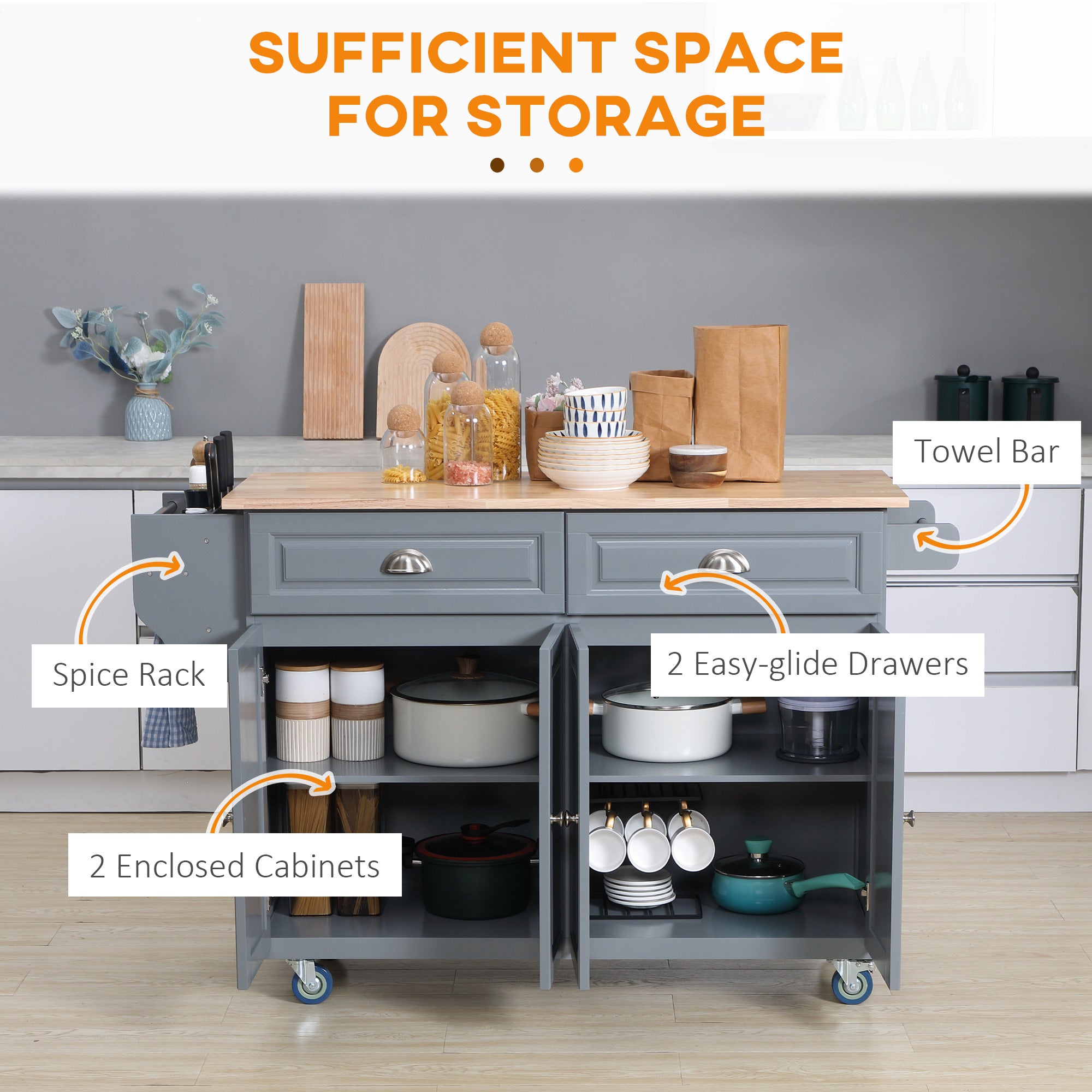 HOMCOM Kitchen Island with Storage, Rolling Kitchen Island with Drop Leaf, Solid Wood Top, 2 Drawers, 2 Cabinets, Adjustable Shelves and Knife Rack, Grey