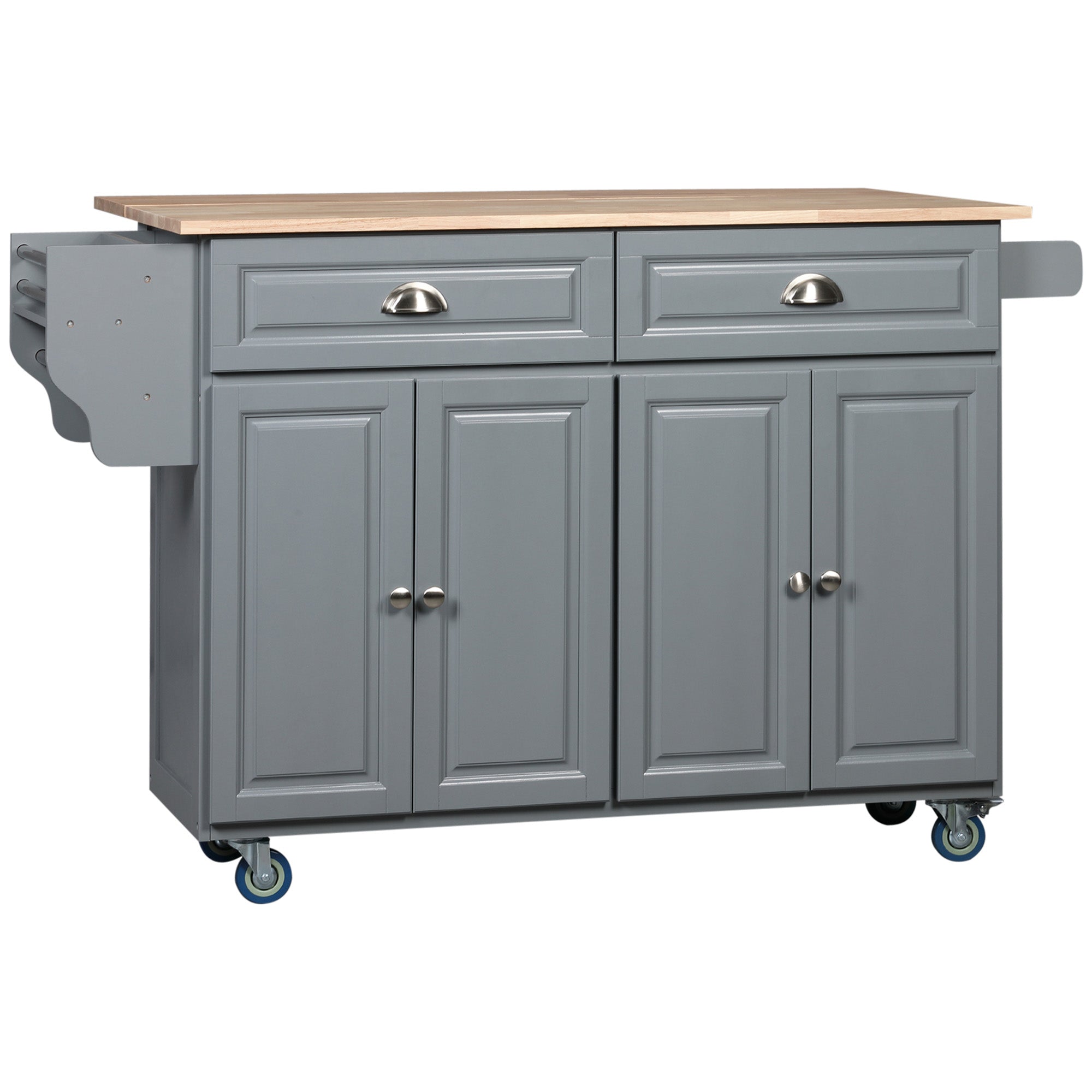 HOMCOM Kitchen Island with Storage, Rolling Kitchen Island with Drop Leaf, Solid Wood Top, 2 Drawers, 2 Cabinets, Adjustable Shelves and Knife Rack, Grey