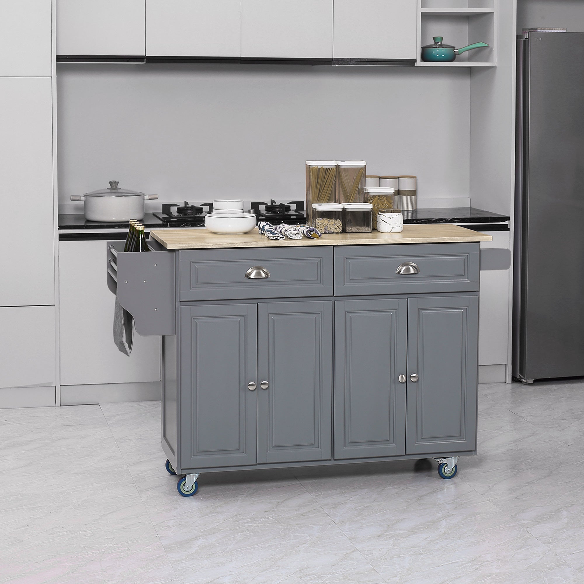 HOMCOM Kitchen Island with Storage, Rolling Kitchen Island with Drop Leaf, Solid Wood Top, 2 Drawers, 2 Cabinets, Adjustable Shelves and Knife Rack, Grey
