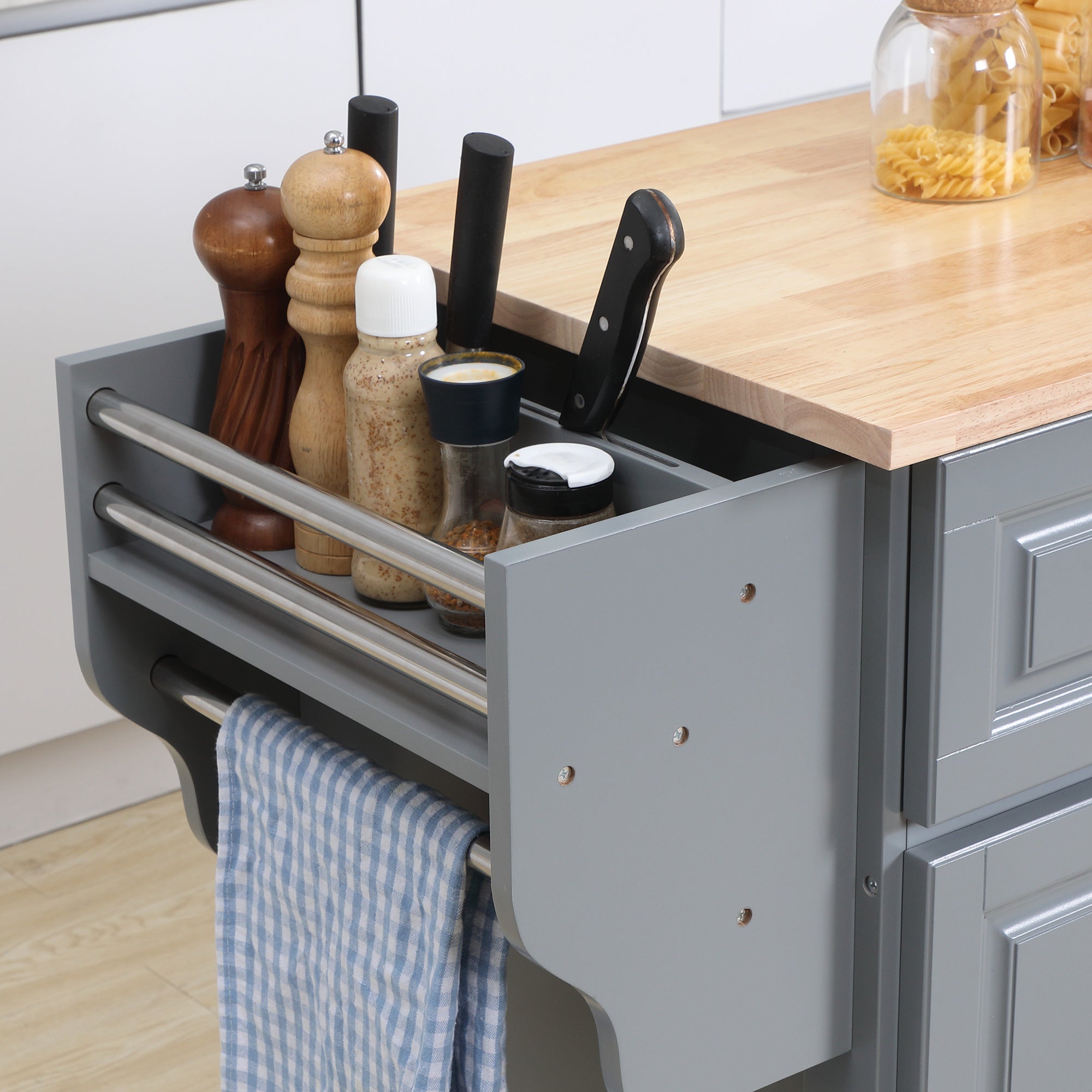 HOMCOM Kitchen Island with Storage, Rolling Kitchen Island with Drop Leaf, Solid Wood Top, 2 Drawers, 2 Cabinets, Adjustable Shelves and Knife Rack, Grey