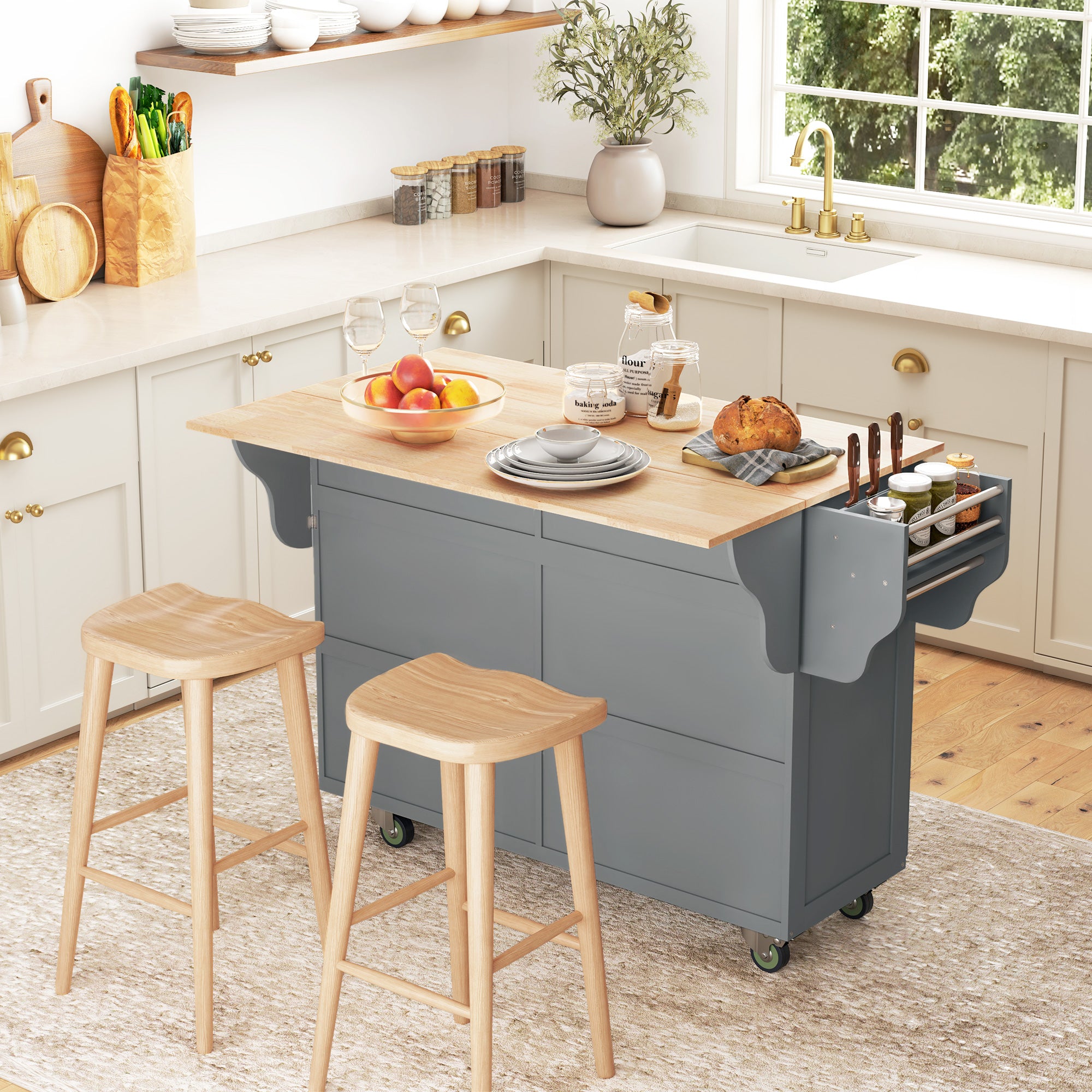 HOMCOM Kitchen Island with Storage, Rolling Kitchen Island with Drop Leaf, Solid Wood Top, 2 Drawers, 2 Cabinets, Adjustable Shelves and Knife Rack, Grey