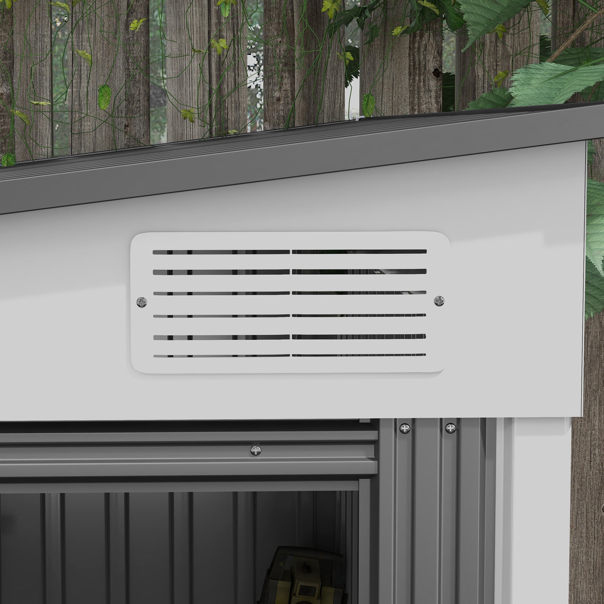 Outsunny 5 x 7FT Lean to Outdoor Storage Shed with Foundation Kit, Metal Garden Shed with Adjustable Shelves, Sliding Door, Vents, Hooks for Backyard, Patio, Lawn, White