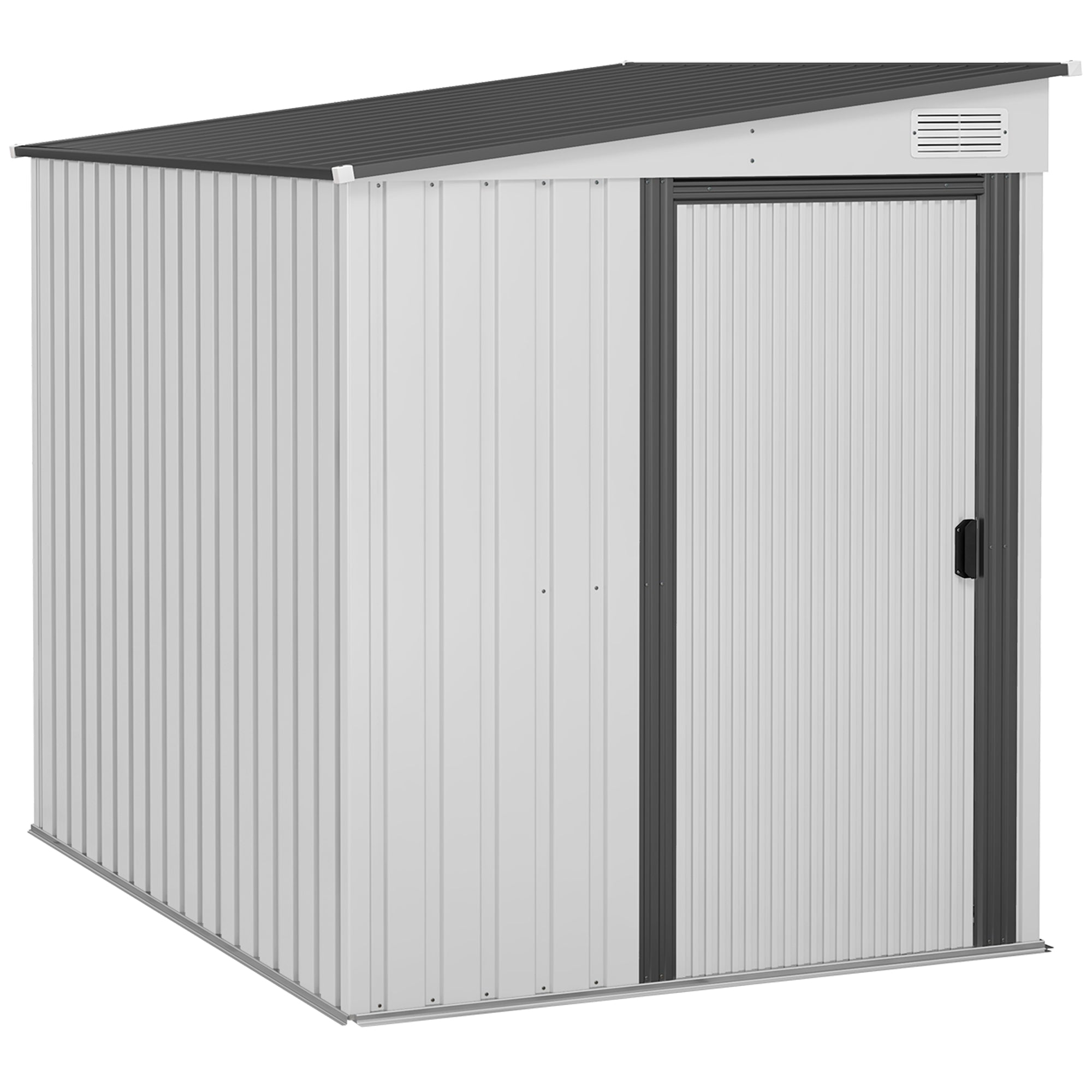 Outsunny 5 x 7FT Lean to Outdoor Storage Shed with Foundation Kit, Metal Garden Shed with Adjustable Shelves, Sliding Door, Vents, Hooks for Backyard, Patio, Lawn, White
