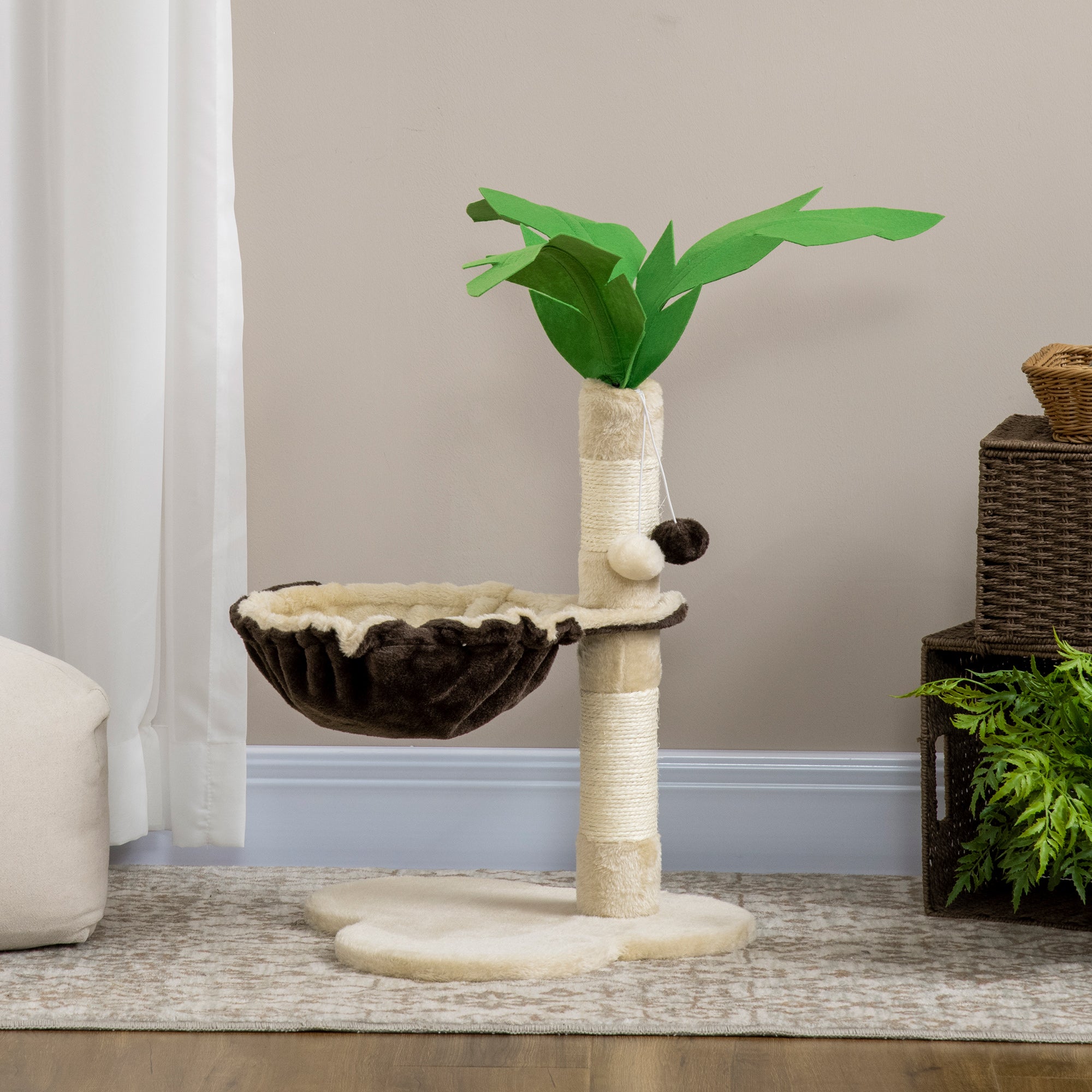 PawHut 68cm Cat Tree, Coconut Tree Shaped Kitty Activity Centre with Hammock, Cat Tower with Sisal Scratching Post, Beige