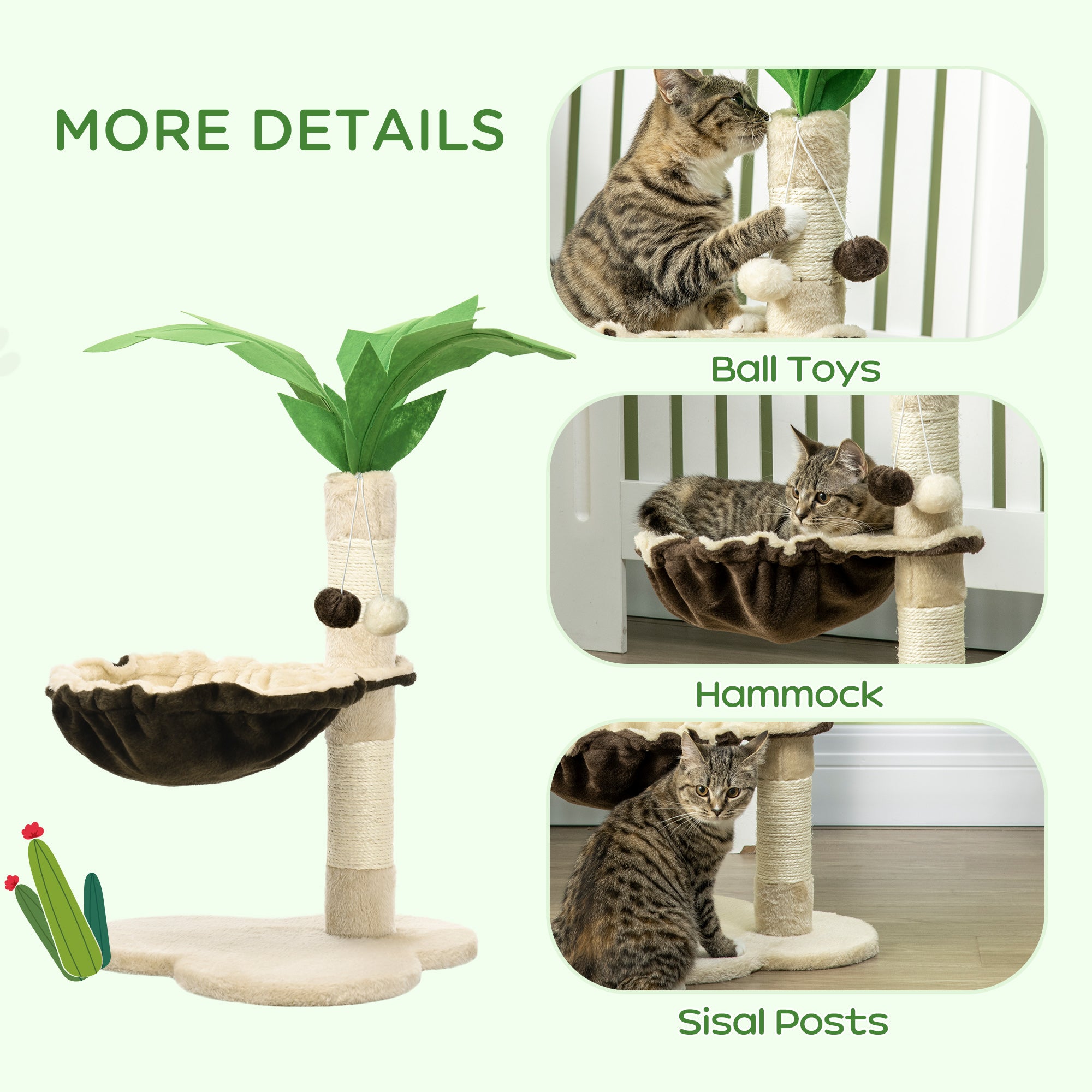 PawHut 68cm Cat Tree, Coconut Tree Shaped Kitty Activity Centre with Hammock, Cat Tower with Sisal Scratching Post, Beige