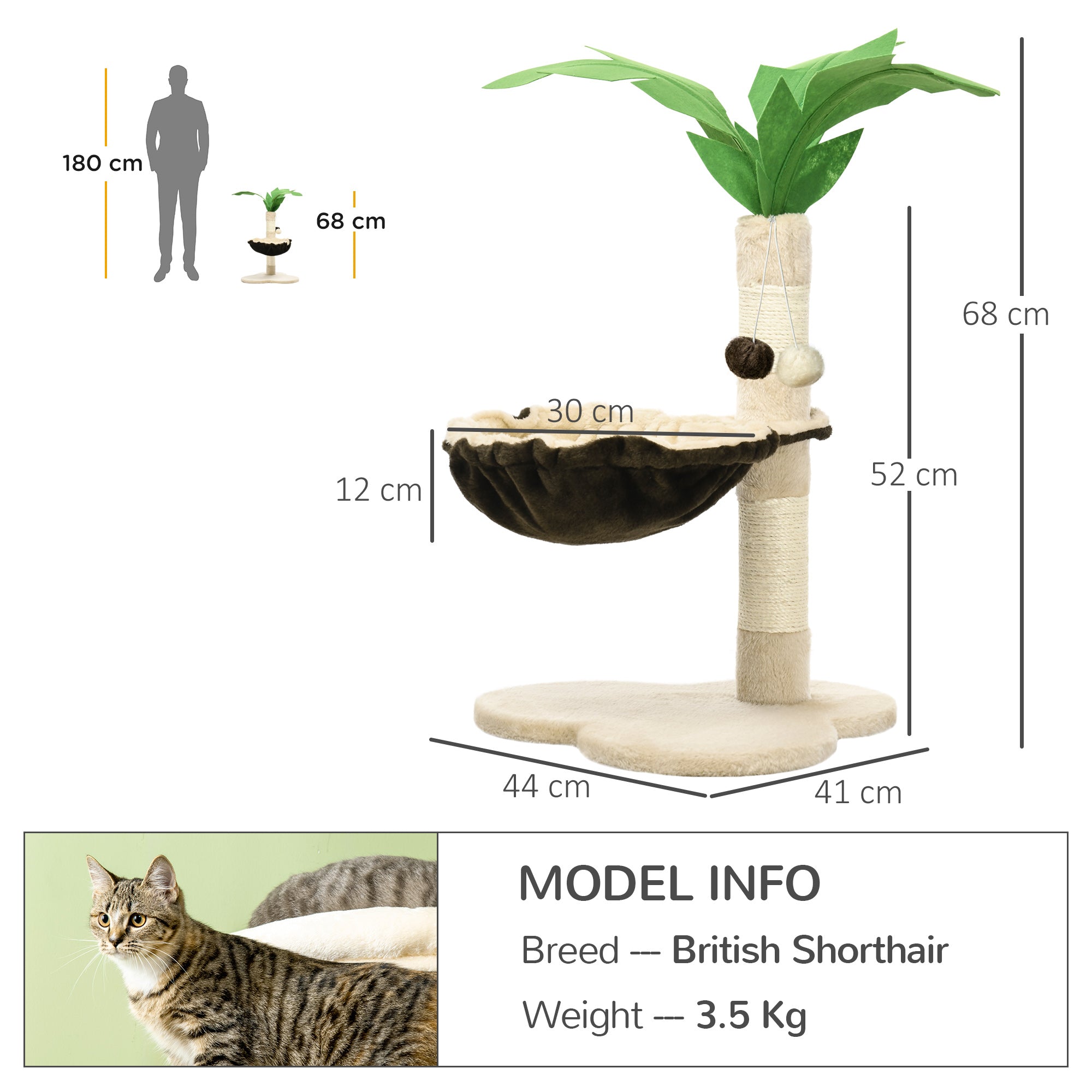 PawHut 68cm Cat Tree, Coconut Tree Shaped Kitty Activity Centre with Hammock, Cat Tower with Sisal Scratching Post, Beige