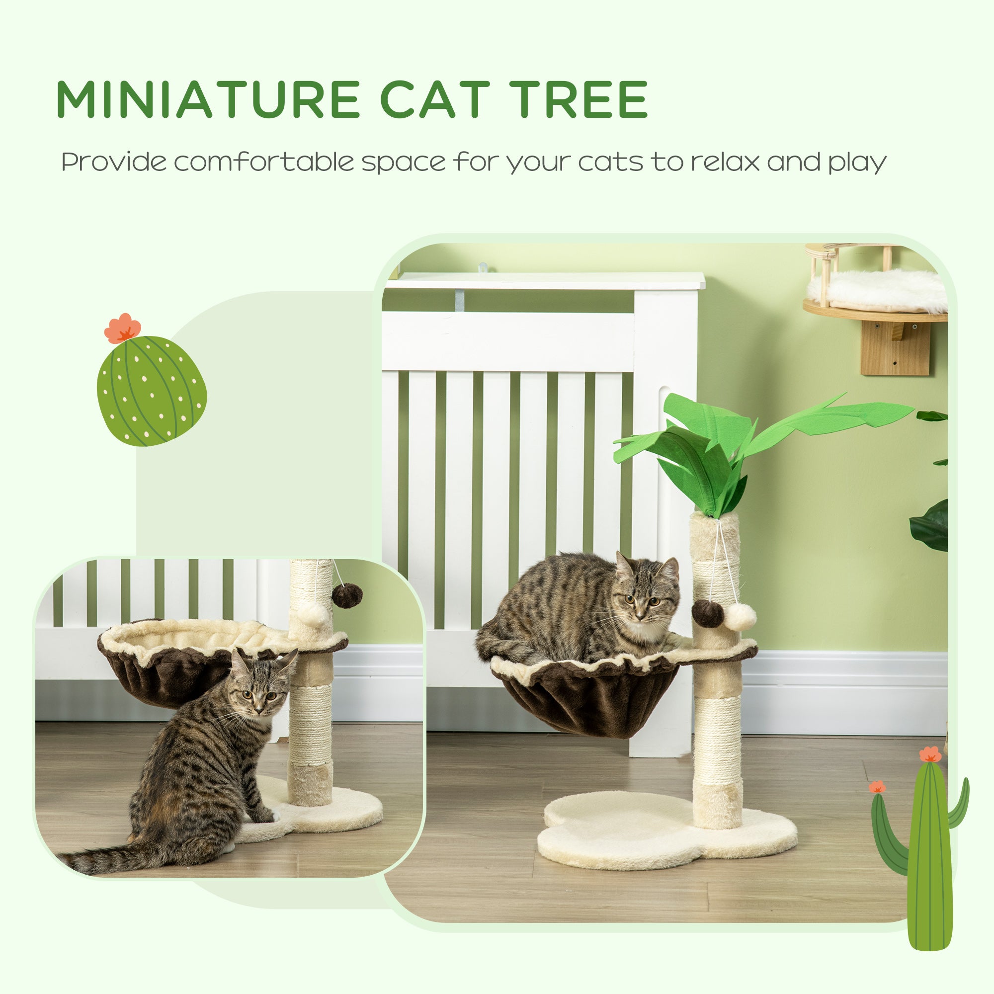 PawHut 68cm Cat Tree, Coconut Tree Shaped Kitty Activity Centre with Hammock, Cat Tower with Sisal Scratching Post, Beige