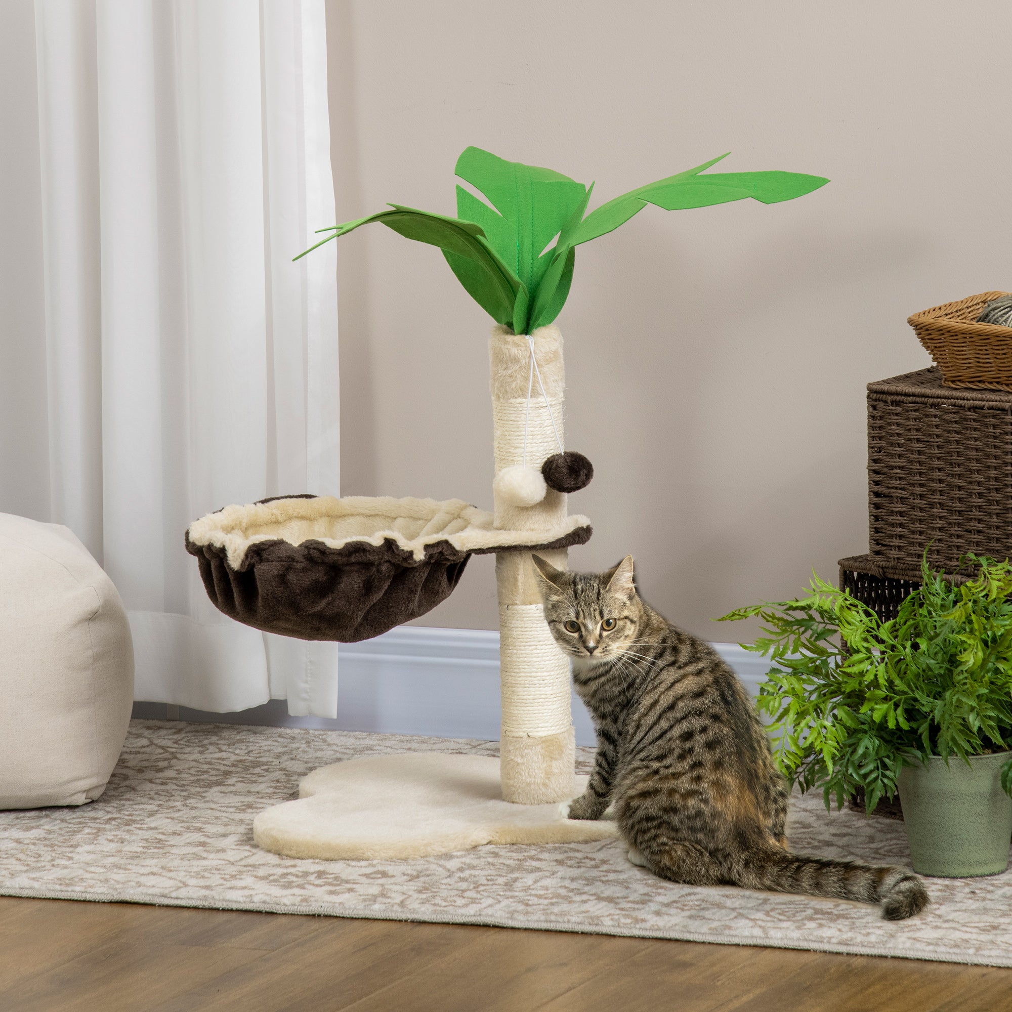 PawHut 68cm Cat Tree, Coconut Tree Shaped Kitty Activity Centre with Hammock, Cat Tower with Sisal Scratching Post, Beige