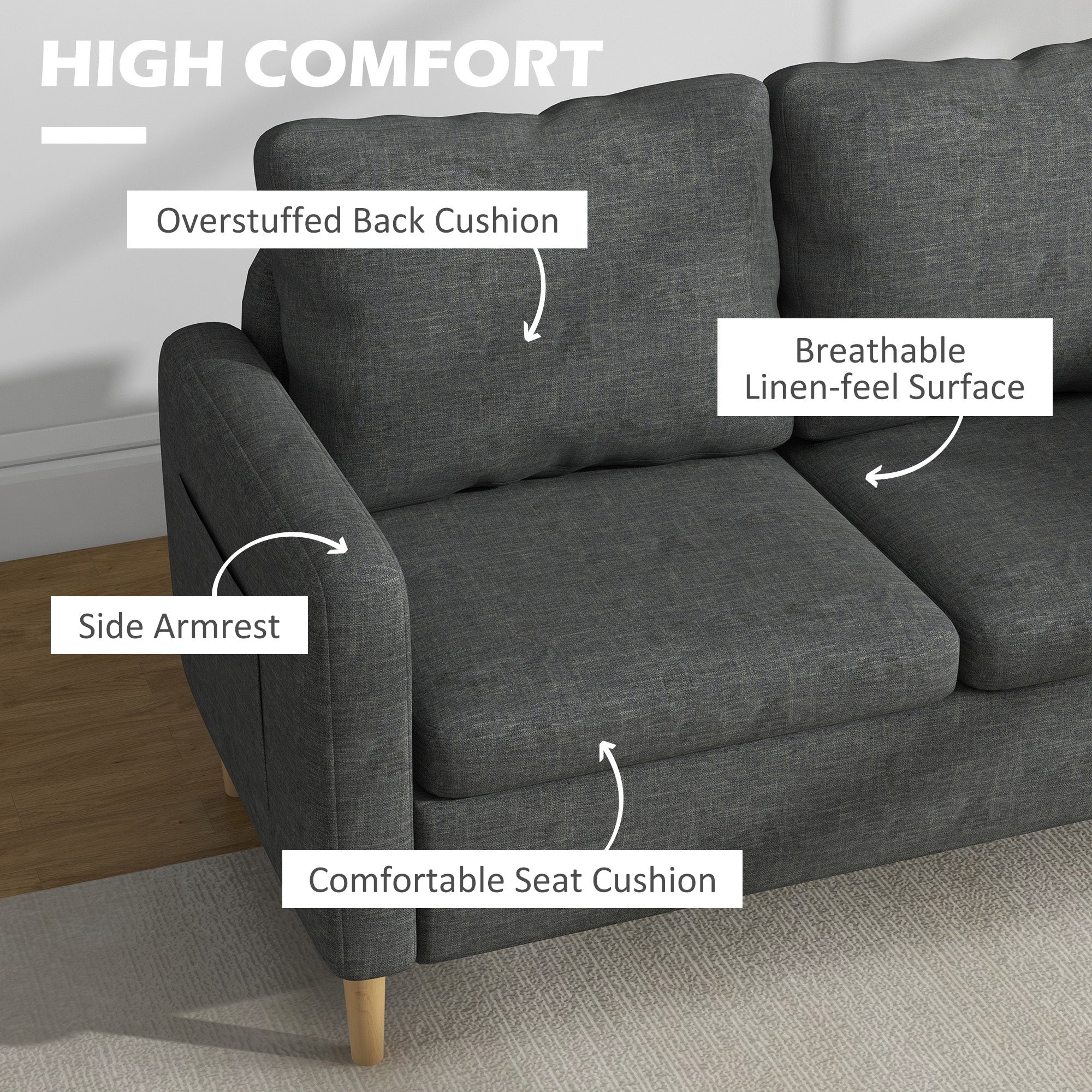 HOMCOM 56" Loveseat Sofa for Bedroom, Modern Love Seats Furniture, Upholstered 2 Seater Couch with Side Pockets, Solid Steel Frame for Living Room, Grey