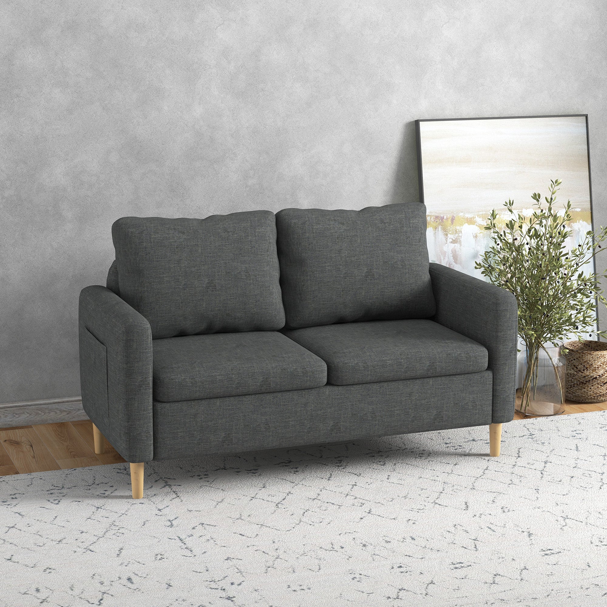 HOMCOM 56" Loveseat Sofa for Bedroom, Modern Love Seats Furniture, Upholstered 2 Seater Couch with Side Pockets, Solid Steel Frame for Living Room, Grey