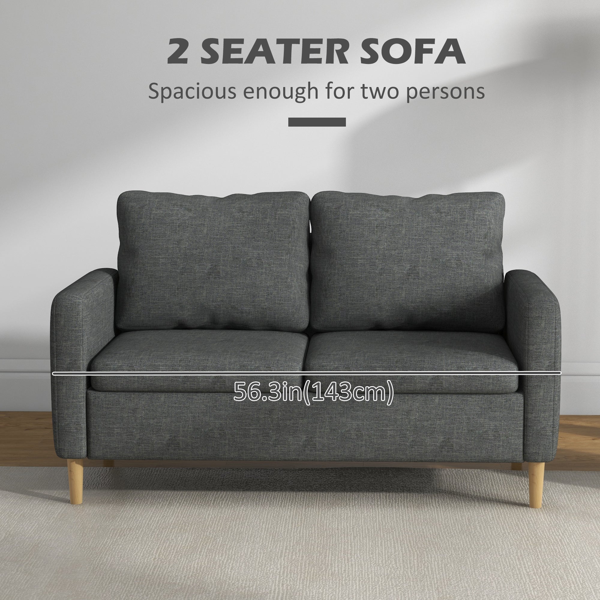 HOMCOM 56" Loveseat Sofa for Bedroom, Modern Love Seats Furniture, Upholstered 2 Seater Couch with Side Pockets, Solid Steel Frame for Living Room, Grey