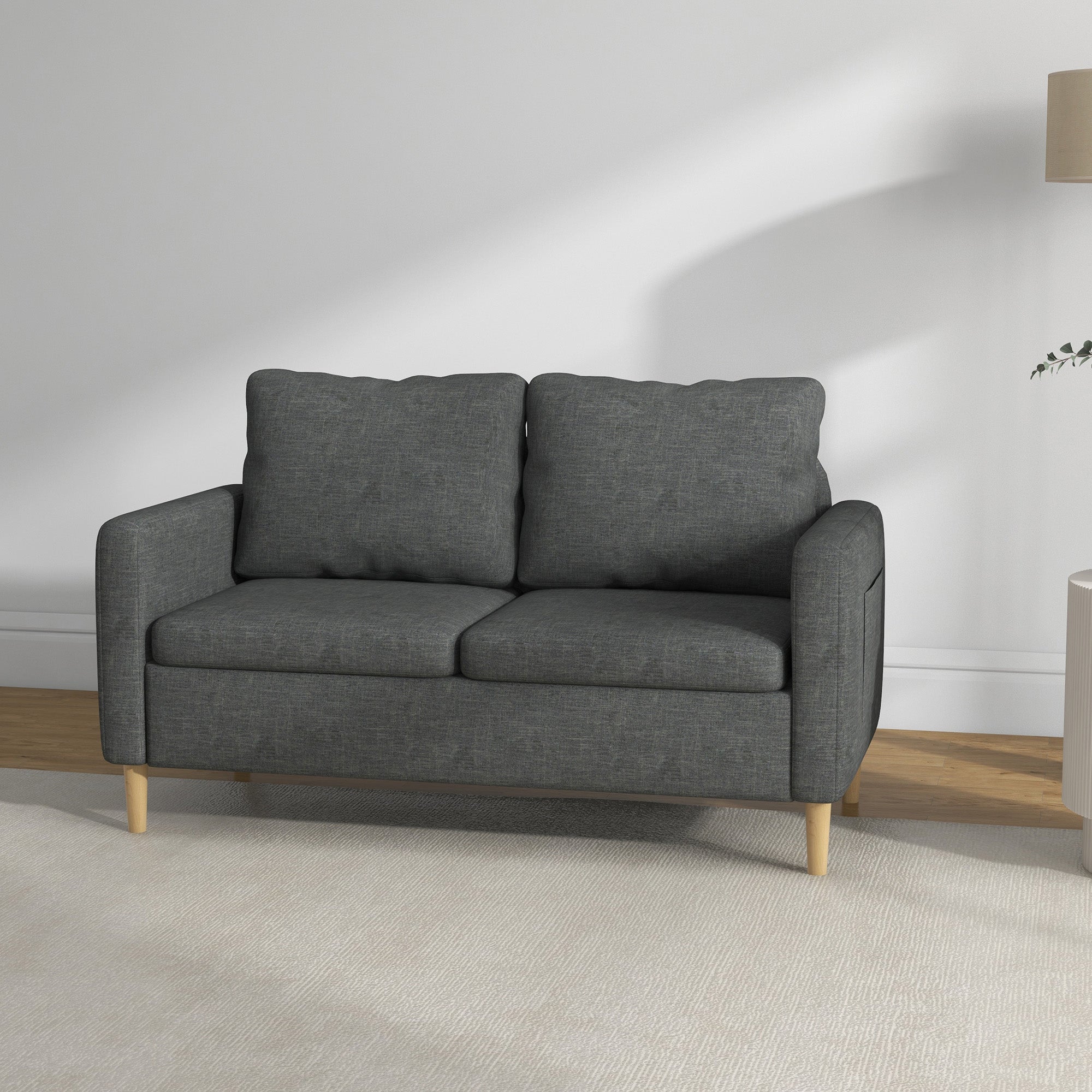 HOMCOM 56" Loveseat Sofa for Bedroom, Modern Love Seats Furniture, Upholstered 2 Seater Couch with Side Pockets, Solid Steel Frame for Living Room, Grey