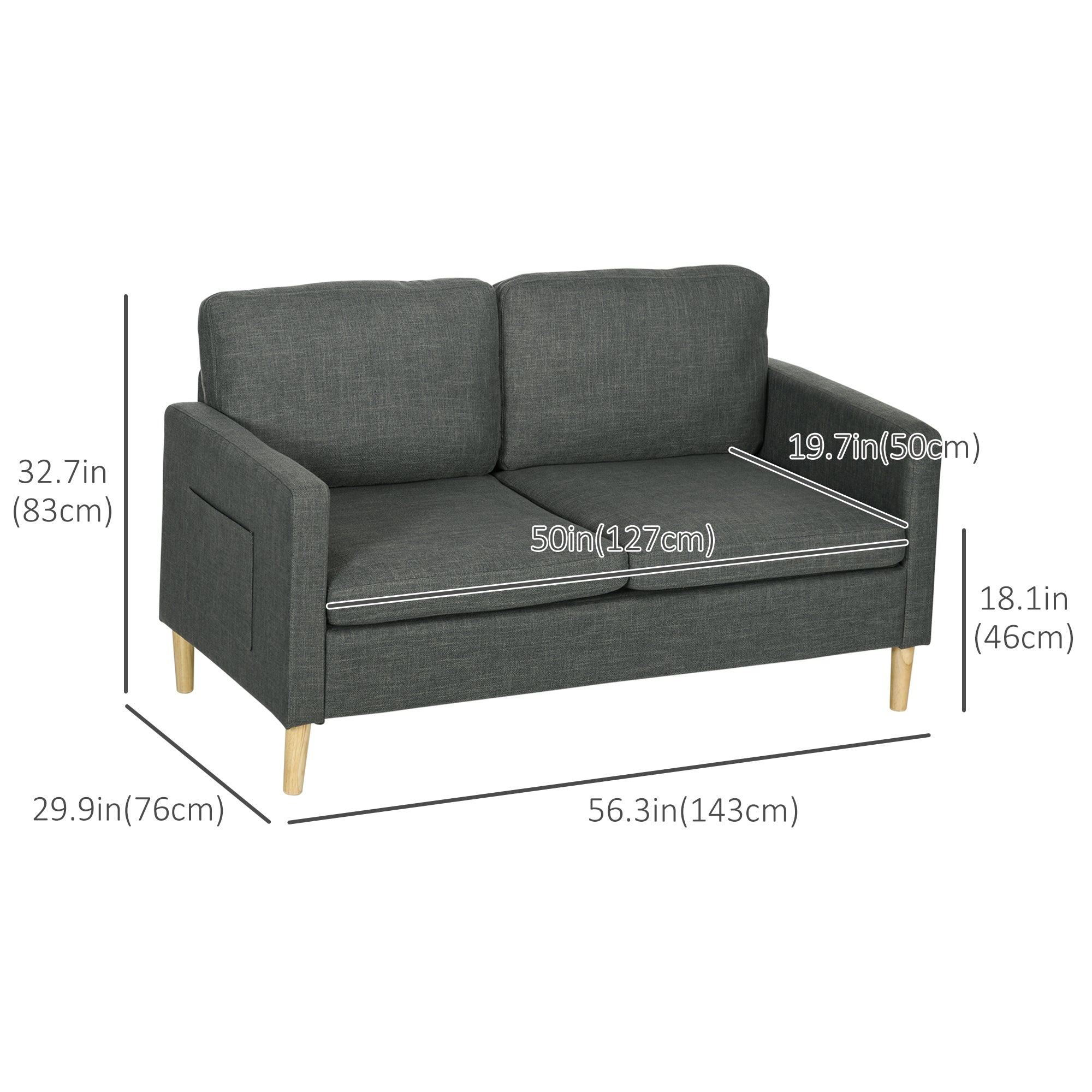 HOMCOM 56" Loveseat Sofa for Bedroom, Modern Love Seats Furniture, Upholstered 2 Seater Couch with Side Pockets, Solid Steel Frame for Living Room, Grey