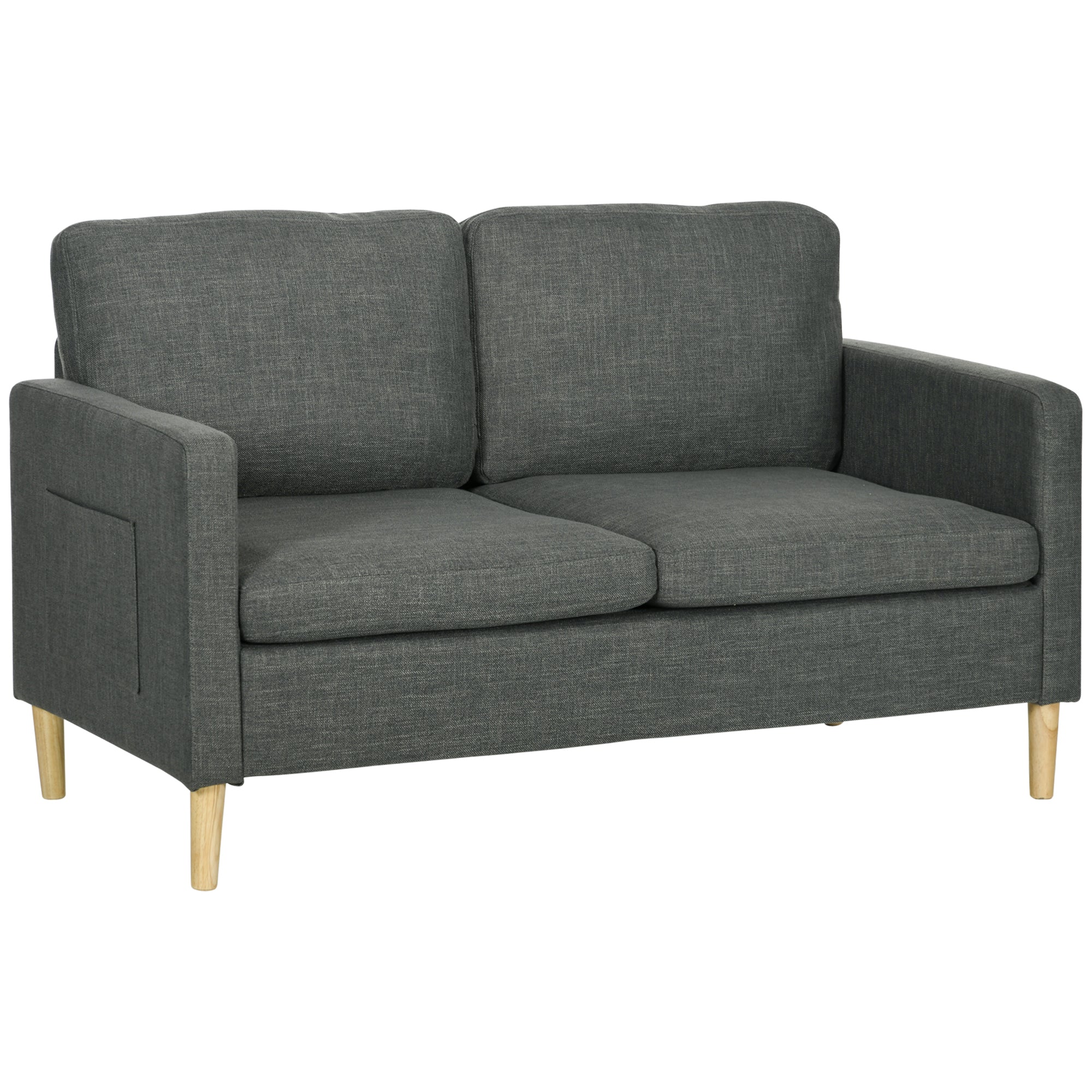 HOMCOM 56" Loveseat Sofa for Bedroom, Modern Love Seats Furniture, Upholstered 2 Seater Couch with Side Pockets, Solid Steel Frame for Living Room, Grey