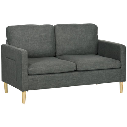 HOMCOM 56" Loveseat Sofa for Bedroom, Modern Love Seats Furniture, Upholstered 2 Seater Couch with Side Pockets, Solid Steel Frame for Living Room, Grey