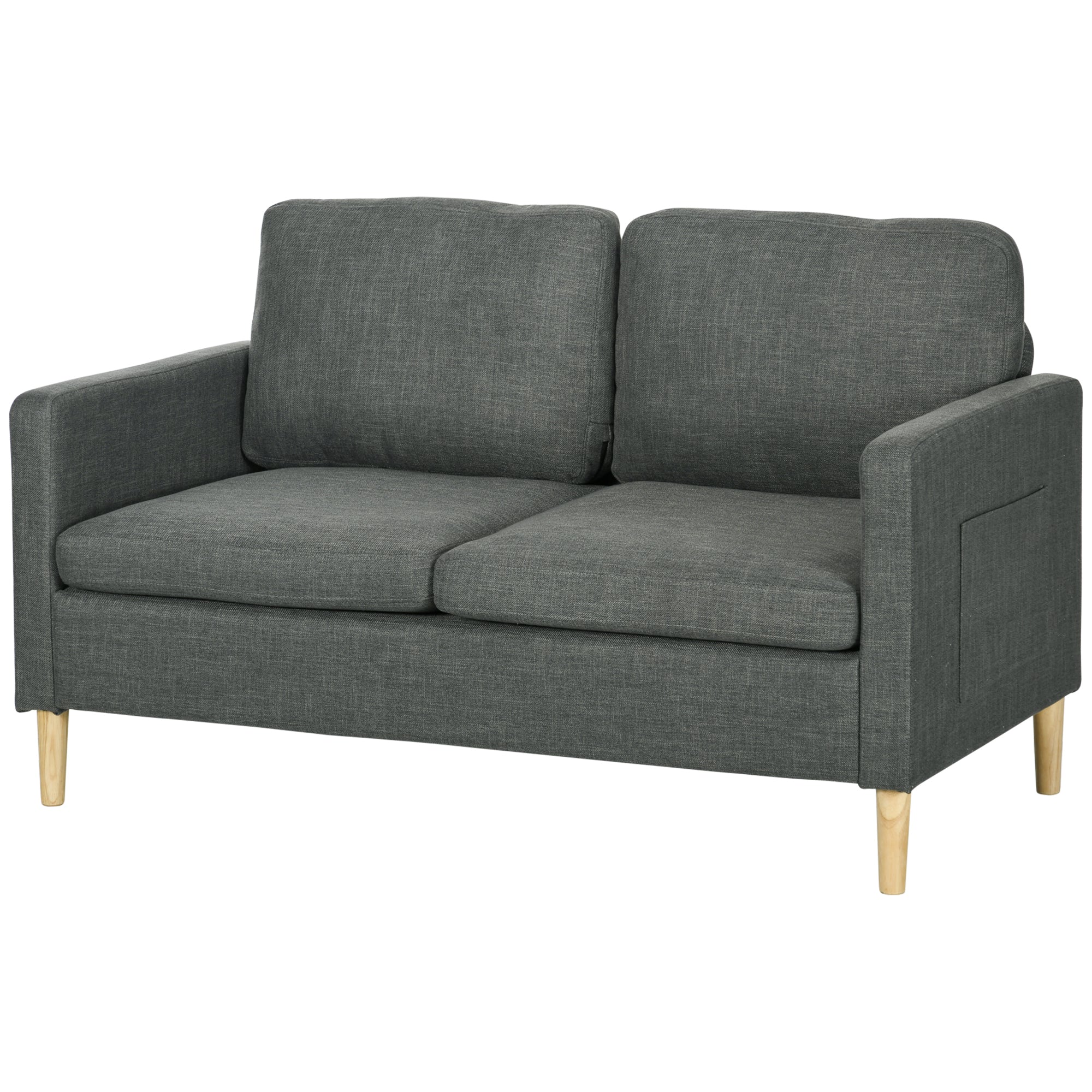 HOMCOM 56" Loveseat Sofa for Bedroom, Modern Love Seats Furniture, Upholstered 2 Seater Couch with Side Pockets, Solid Steel Frame for Living Room, Grey