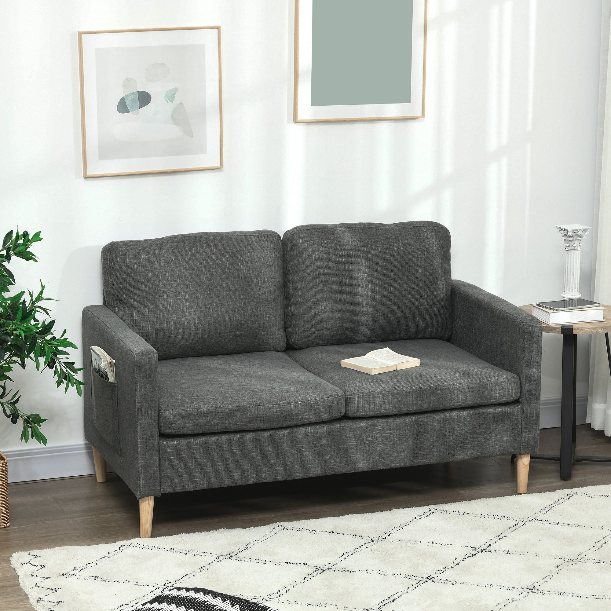 HOMCOM 56" Loveseat Sofa for Bedroom, Modern Love Seats Furniture, Upholstered 2 Seater Couch with Side Pockets, Solid Steel Frame for Living Room, Grey