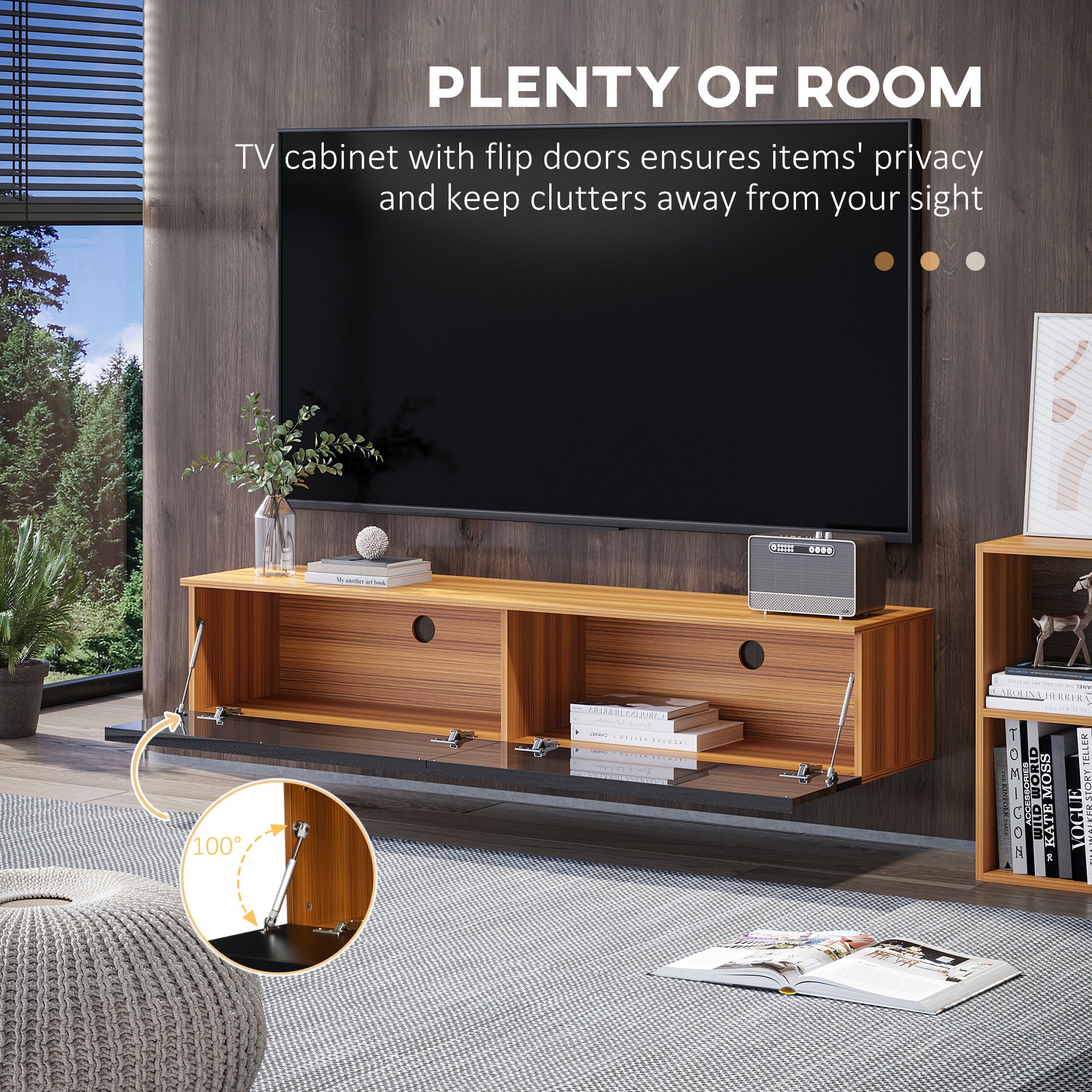 HOMCOM Floating TV Stand Cabinet, Media Console for TVs up to 70" with High Gloss Effect, Wall Mounted Entertainment Unit with Storage Cupboards, Brown and Black