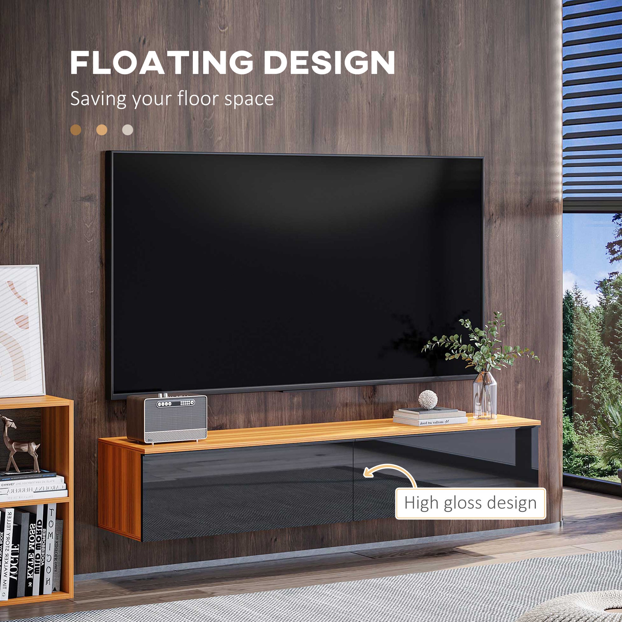 HOMCOM Floating TV Stand Cabinet, Media Console for TVs up to 70" with High Gloss Effect, Wall Mounted Entertainment Unit with Storage Cupboards, Brown and Black
