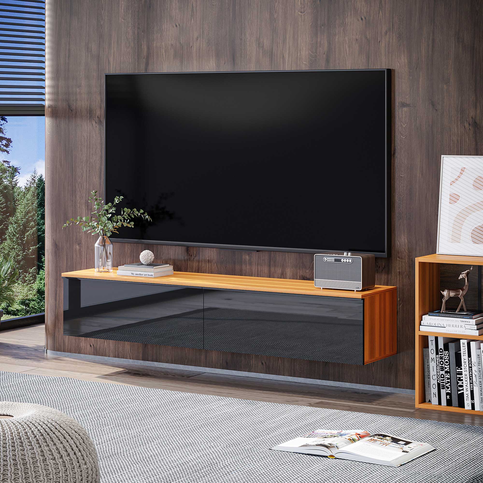 HOMCOM Floating TV Stand Cabinet, Media Console for TVs up to 70" with High Gloss Effect, Wall Mounted Entertainment Unit with Storage Cupboards, Brown and Black