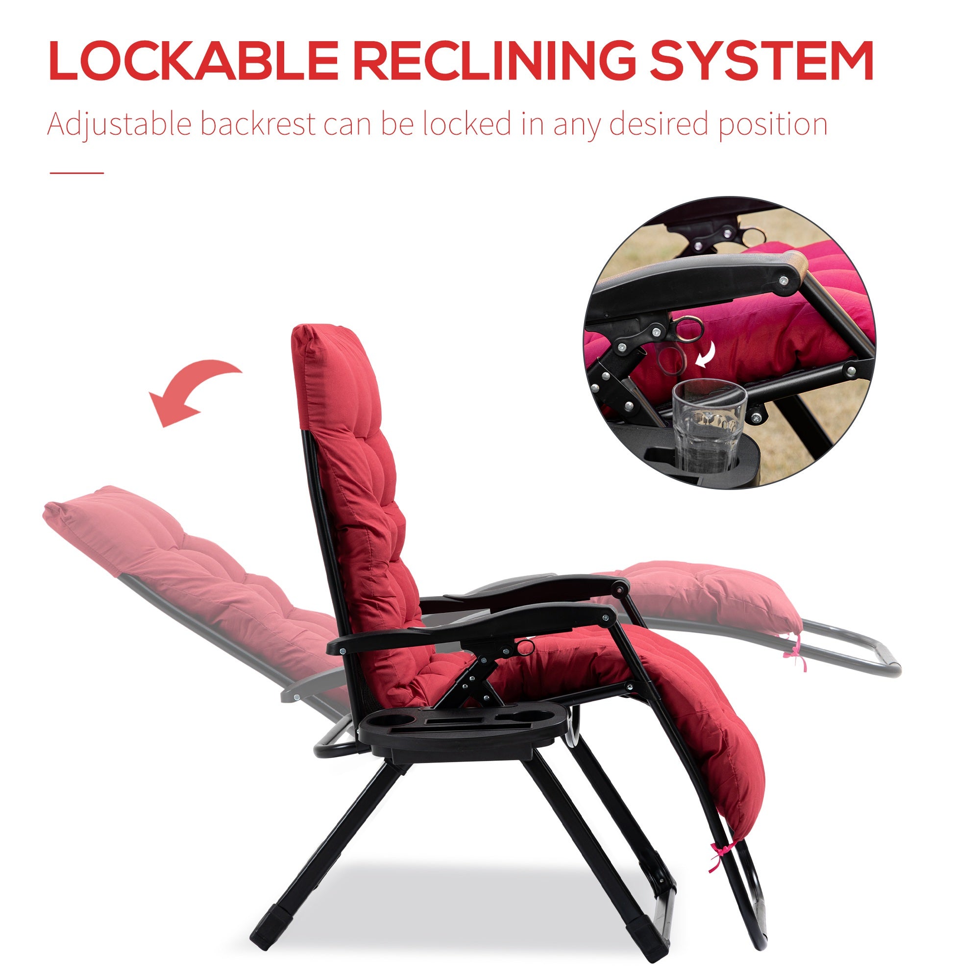 Outsunny Padded Zero Gravity Chair, Folding Recliner Chair, Patio Lounger with Cup Holder, Adjustable Backrest, Removable Cushion for Outdoor, Patio, Deck, and Poolside, Red