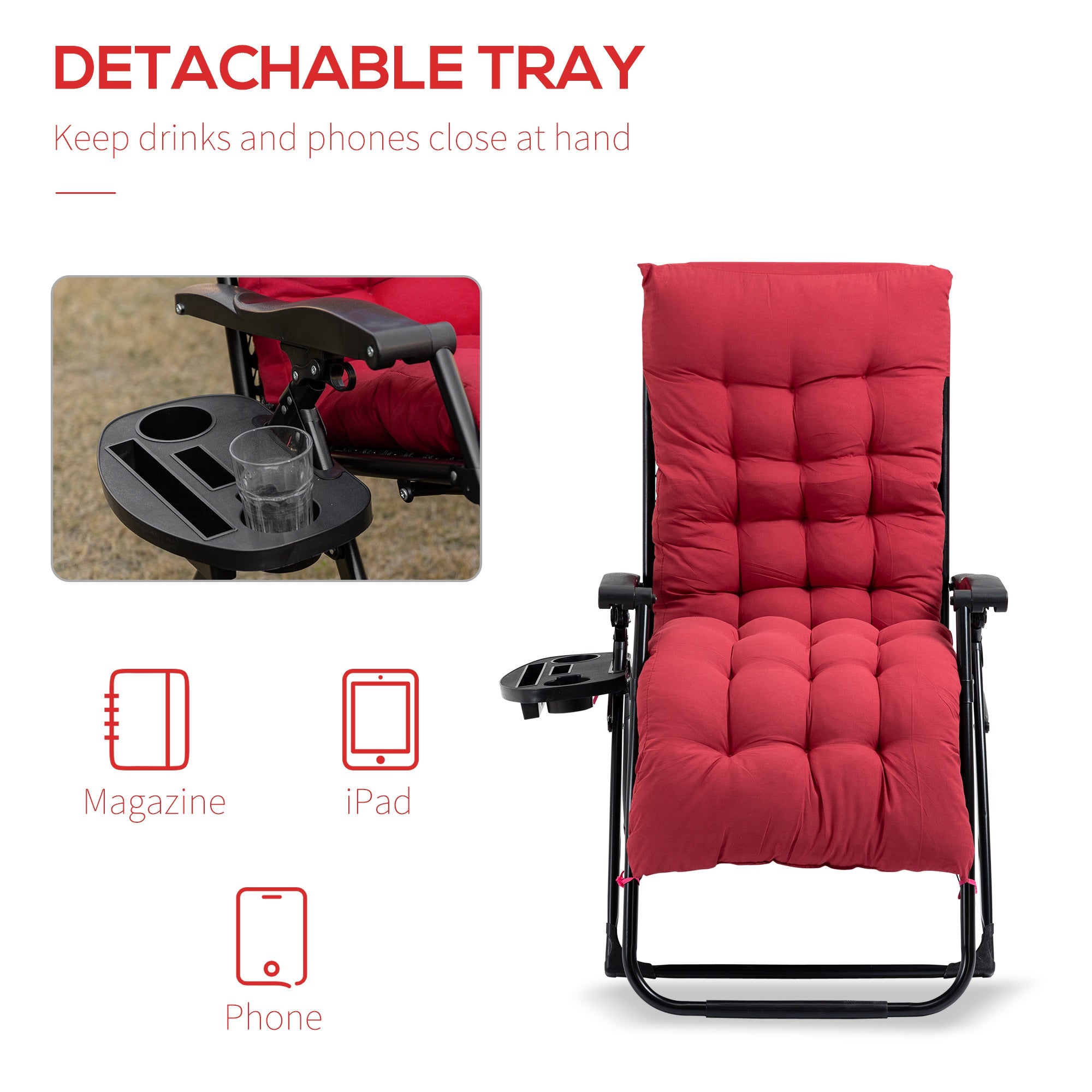 Outsunny Padded Zero Gravity Chair, Folding Recliner Chair, Patio Lounger with Cup Holder, Adjustable Backrest, Removable Cushion for Outdoor, Patio, Deck, and Poolside, Red