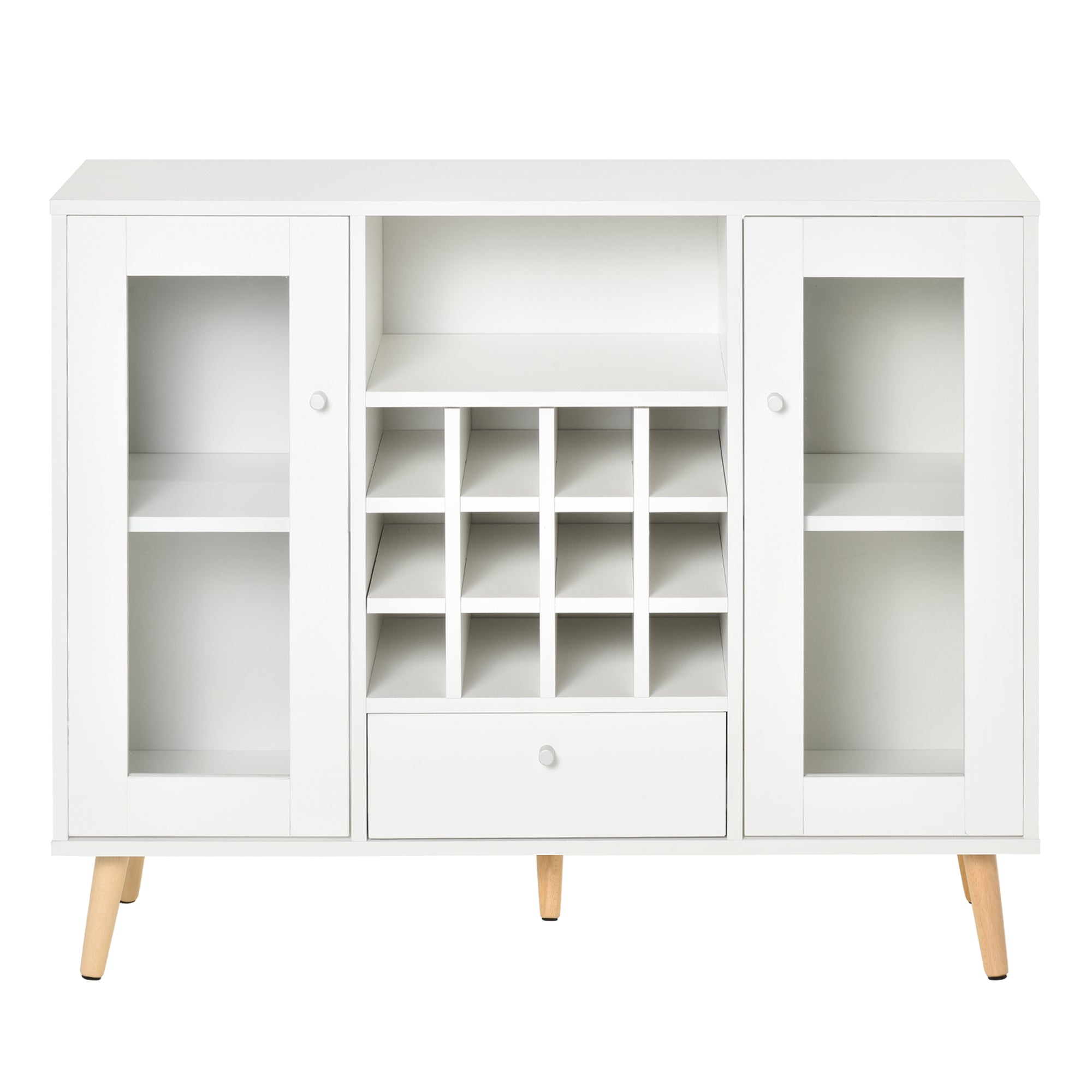 HOMCOM Modern Sideboard Storage Cabinet, Kitchen Cupboard Bar Server with Glass Doors, Drawer & 12-Bottle Wine Rack, White