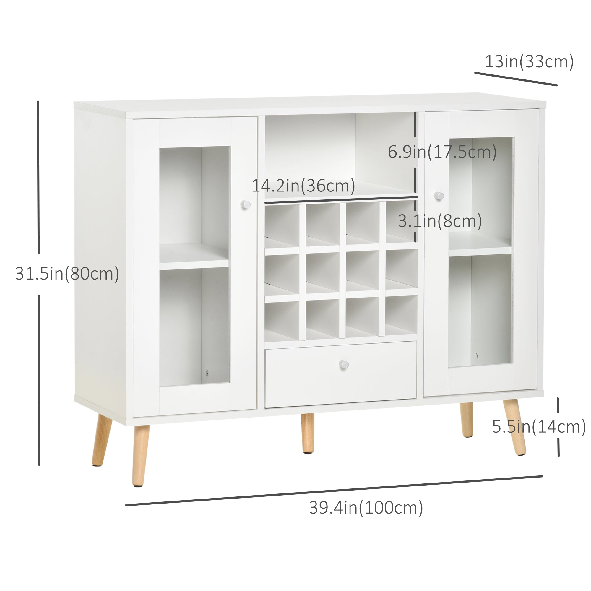 HOMCOM Modern Sideboard Storage Cabinet, Kitchen Cupboard Bar Server with Glass Doors, Drawer & 12-Bottle Wine Rack, White