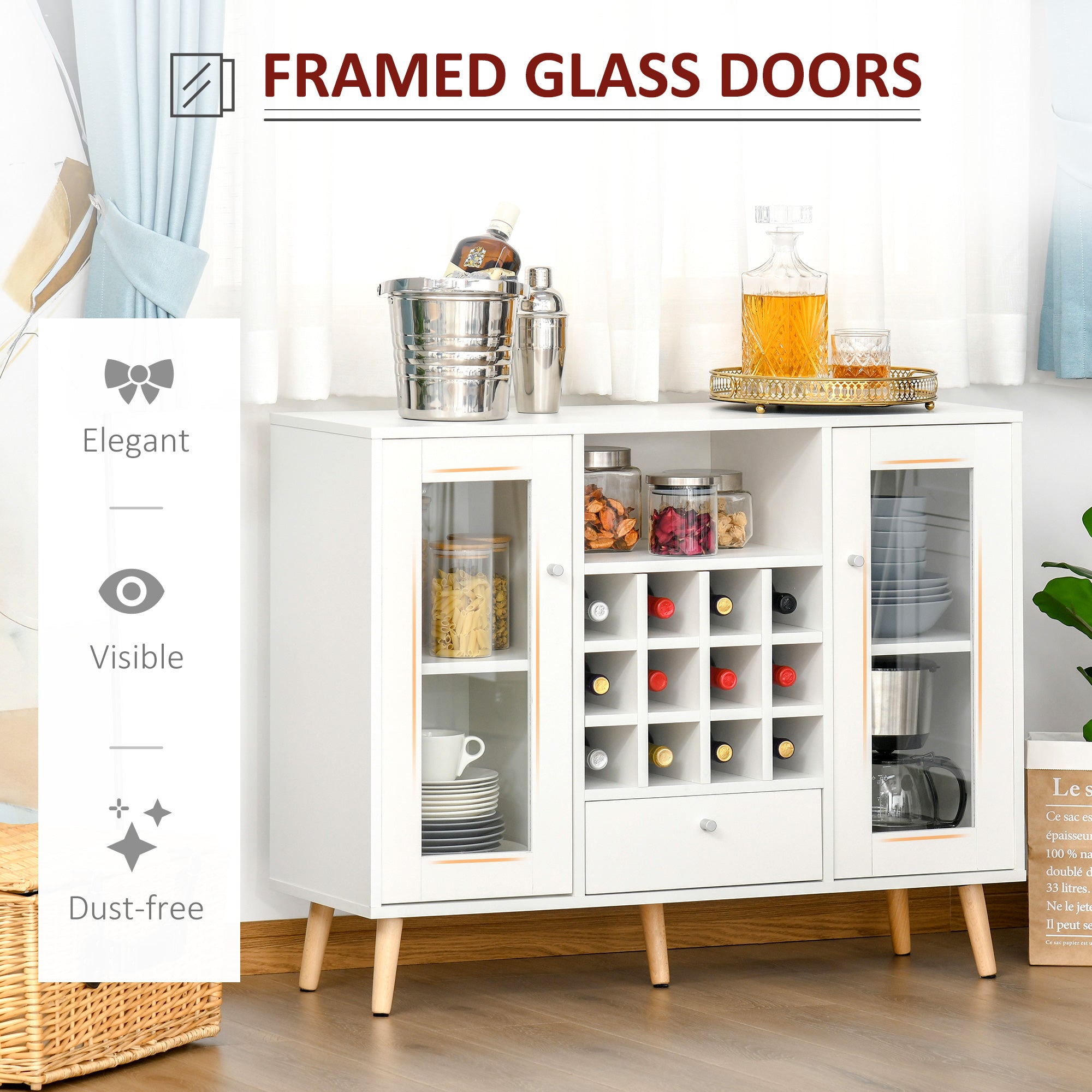 HOMCOM Modern Sideboard Storage Cabinet, Kitchen Cupboard Bar Server with Glass Doors, Drawer & 12-Bottle Wine Rack, White