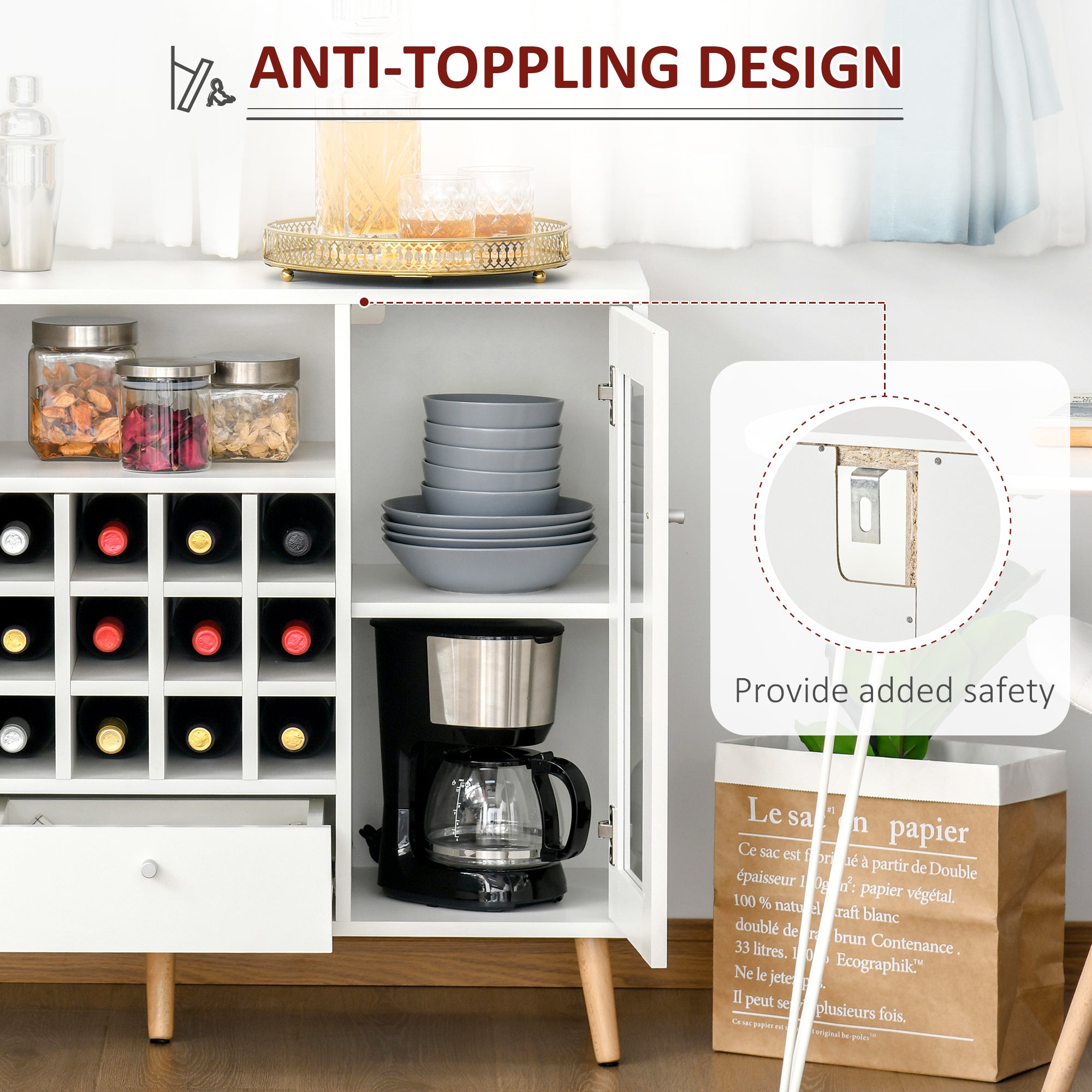 HOMCOM Modern Sideboard Storage Cabinet, Kitchen Cupboard Bar Server with Glass Doors, Drawer & 12-Bottle Wine Rack, White