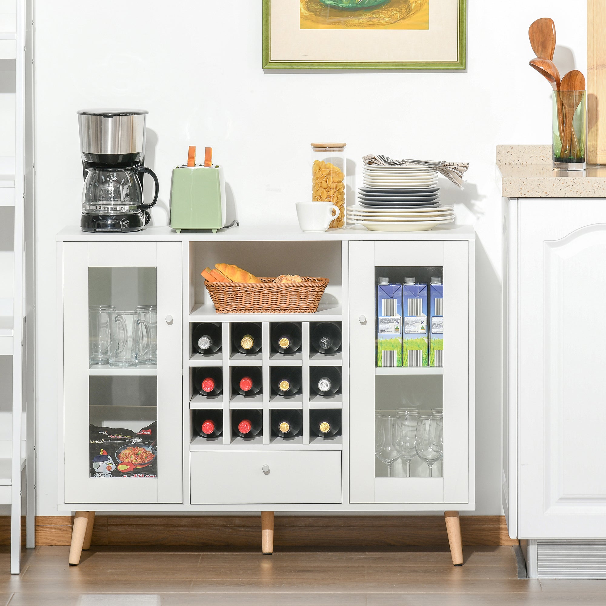 HOMCOM Modern Sideboard Storage Cabinet, Kitchen Cupboard Bar Server with Glass Doors, Drawer & 12-Bottle Wine Rack, White