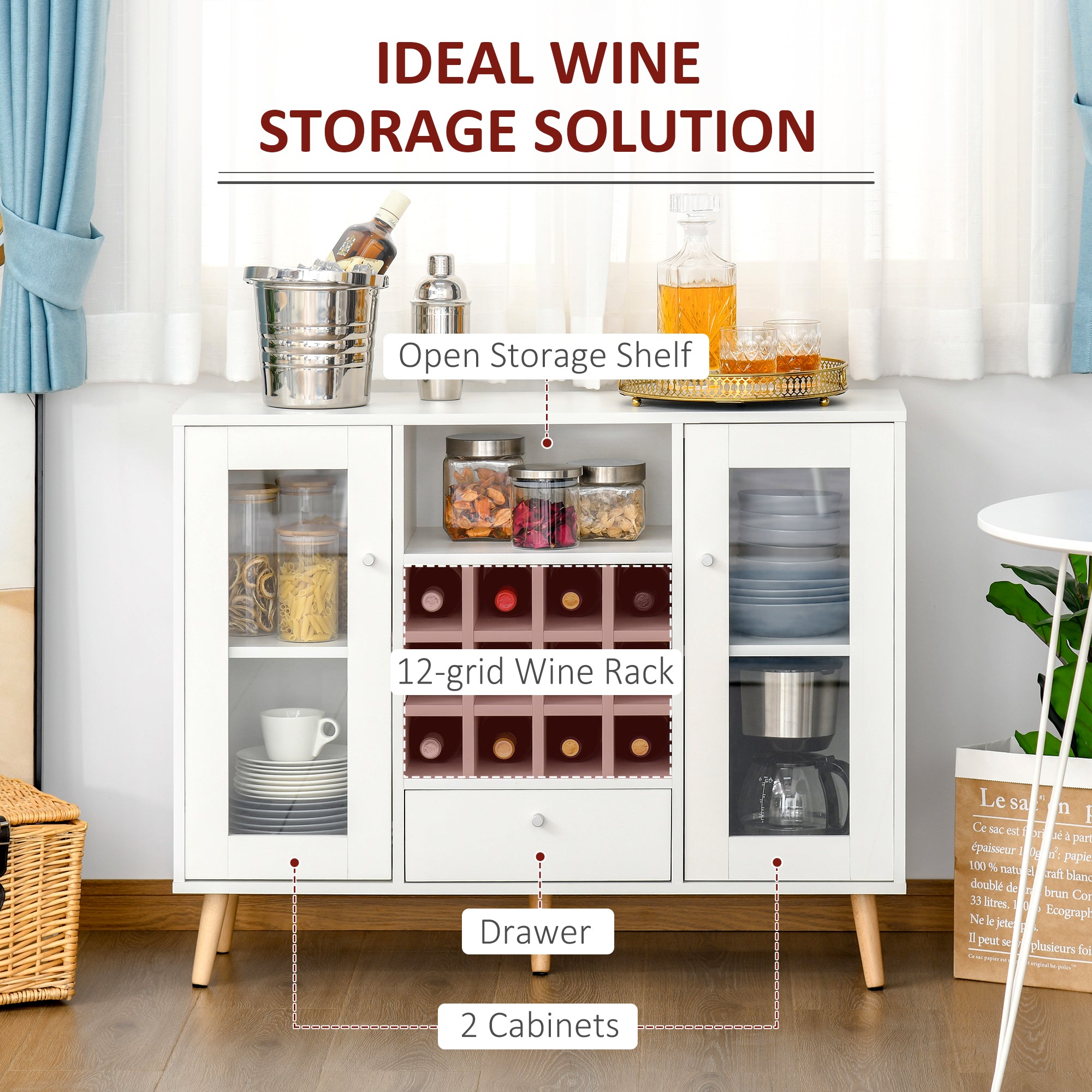 HOMCOM Modern Sideboard Storage Cabinet, Kitchen Cupboard Bar Server with Glass Doors, Drawer & 12-Bottle Wine Rack, White