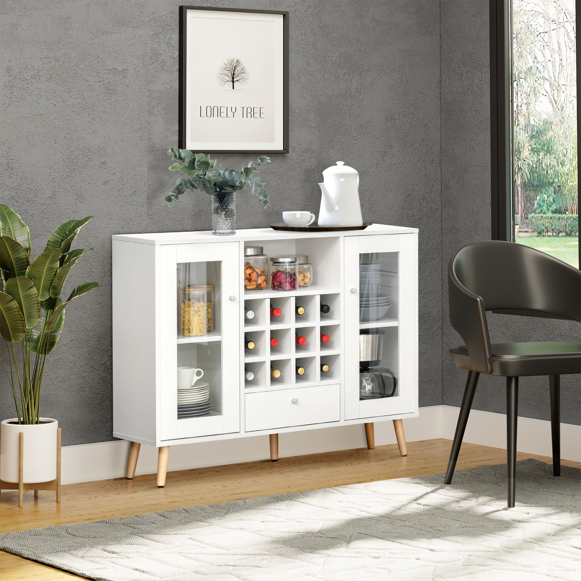 HOMCOM Modern Sideboard Storage Cabinet, Kitchen Cupboard Bar Server with Glass Doors, Drawer & 12-Bottle Wine Rack, White