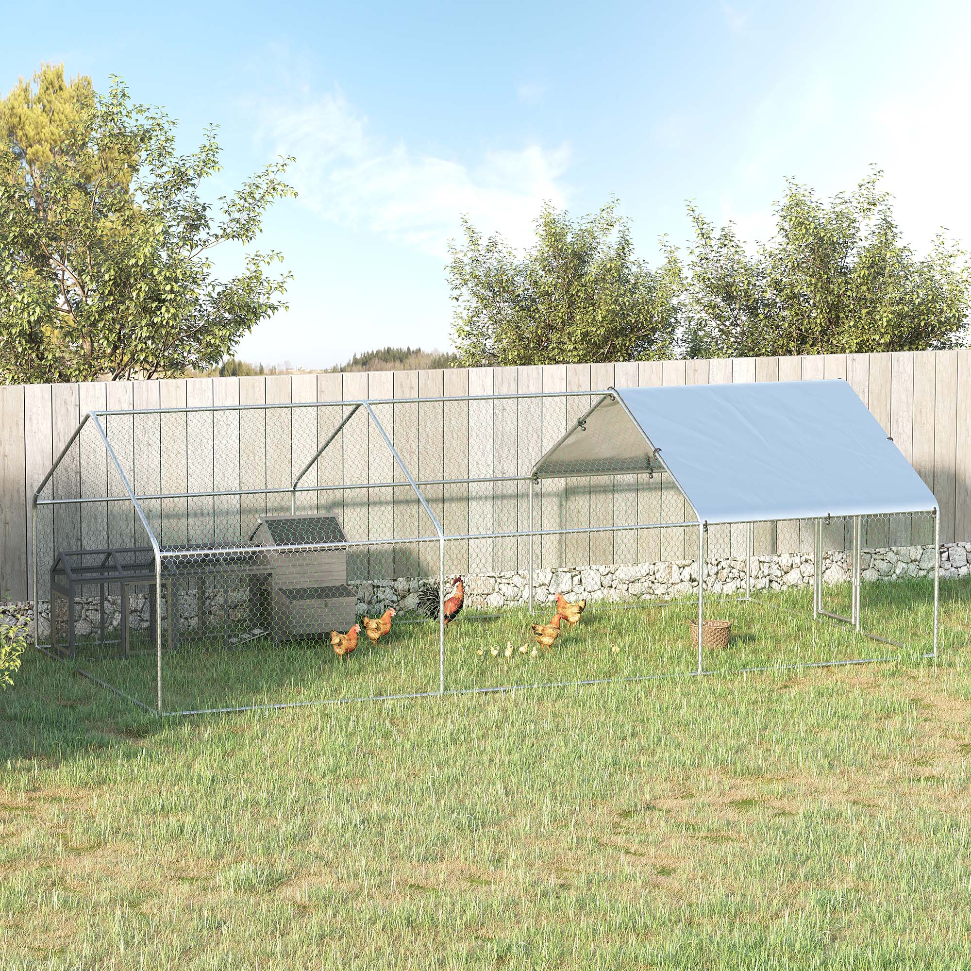 PawHut 9.8' x 19.7' Metal Chicken Coop, Galvanized Walk-in Hen House, Poultry Cage with 1.25" Tube, Waterproof UV-Protection Cover for Rabbits, Ducks