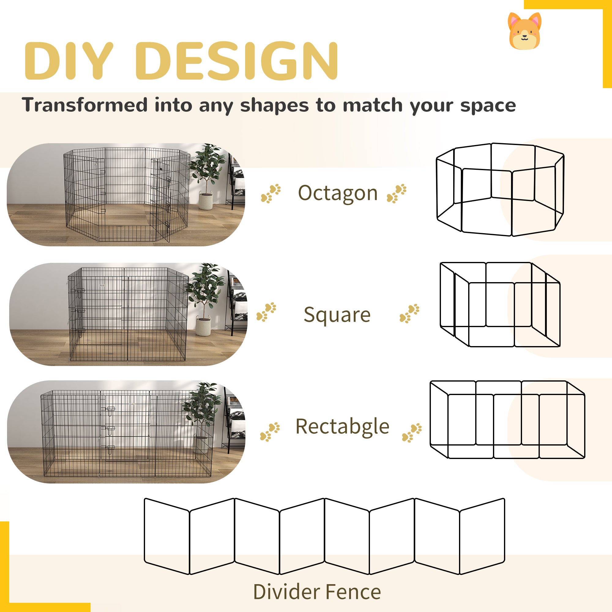 PawHut Dog Pen, 8 Panel Dog Playpen, DIY Design with Door, for Medium Dogs, Puppies, Small Animals, for Indoor/Outdoor Use, 91cm High
