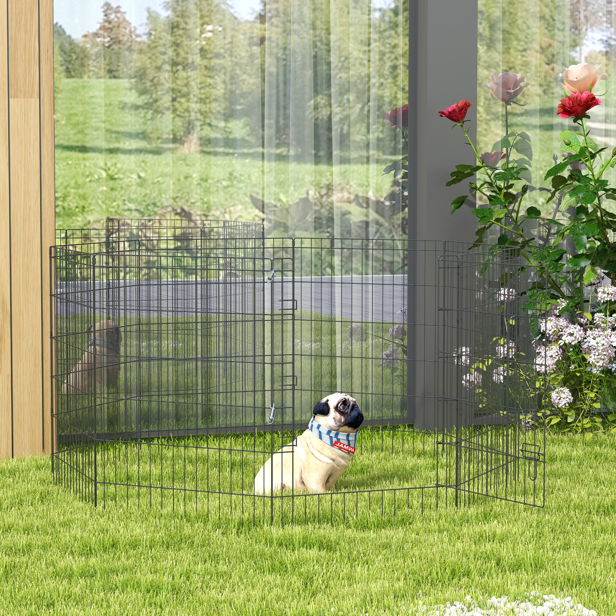 PawHut Dog Pen, 8 Panel Dog Playpen, DIY Design with Door, for Medium Dogs, Puppies, Small Animals, for Indoor/Outdoor Use, 91cm High