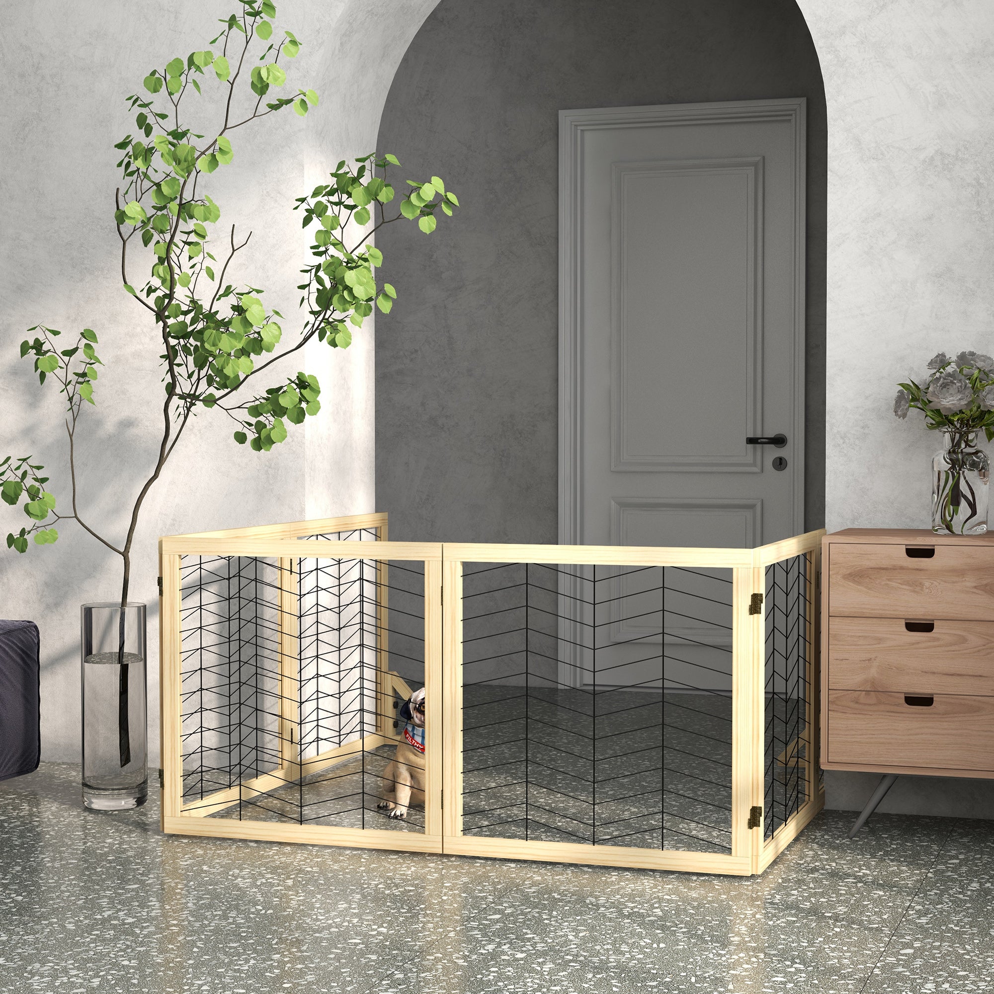 PawHut Freestanding Pet Gate, 6 Panels Dog Playpen, Foldable Dog Barrier with 2 Pcs Support Feet, for House, Doorway, Stairs, Small and Medium Dogs - Natural Wood
