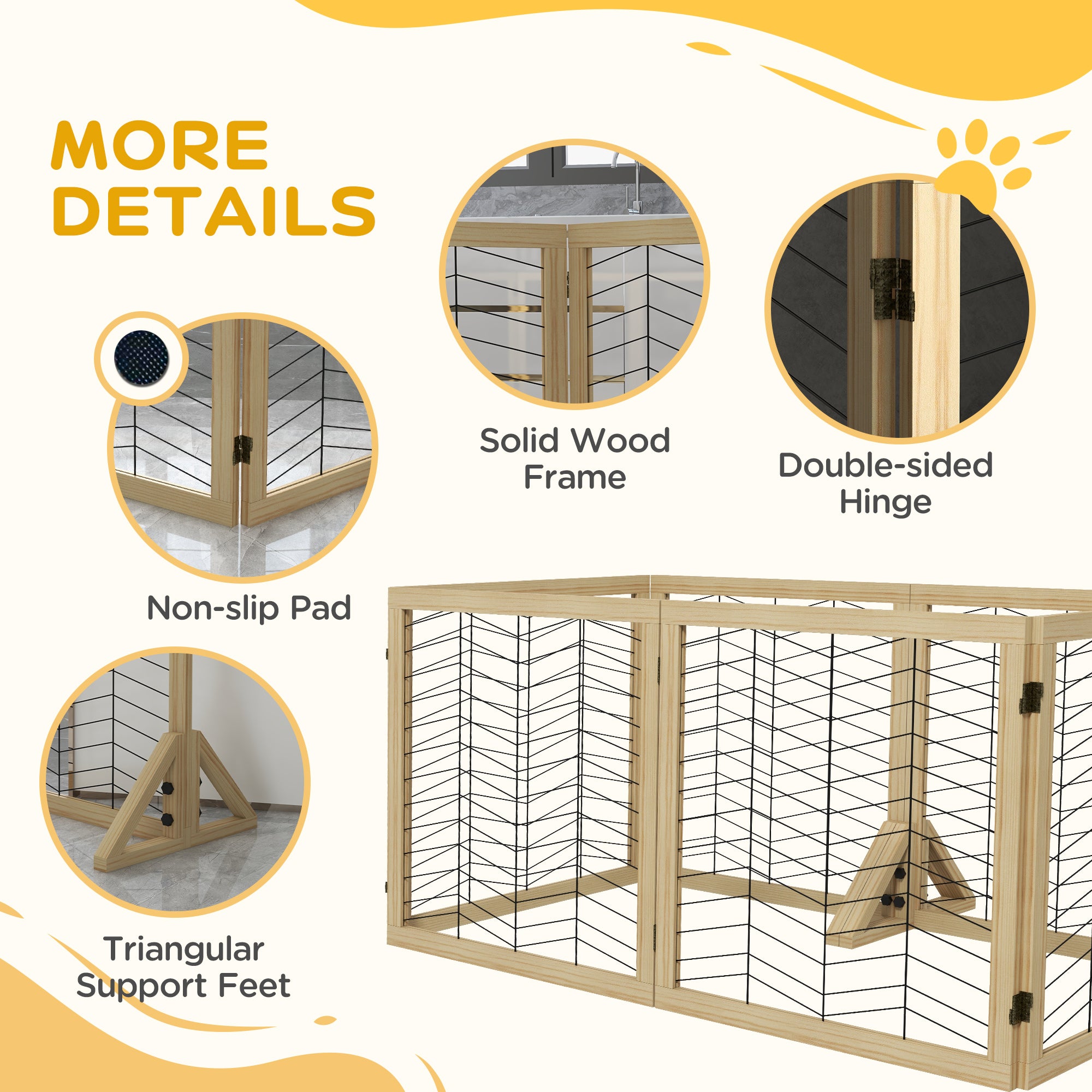 PawHut Freestanding Pet Gate, 6 Panels Dog Playpen, Foldable Dog Barrier with 2 Pcs Support Feet, for House, Doorway, Stairs, Small and Medium Dogs - Natural Wood