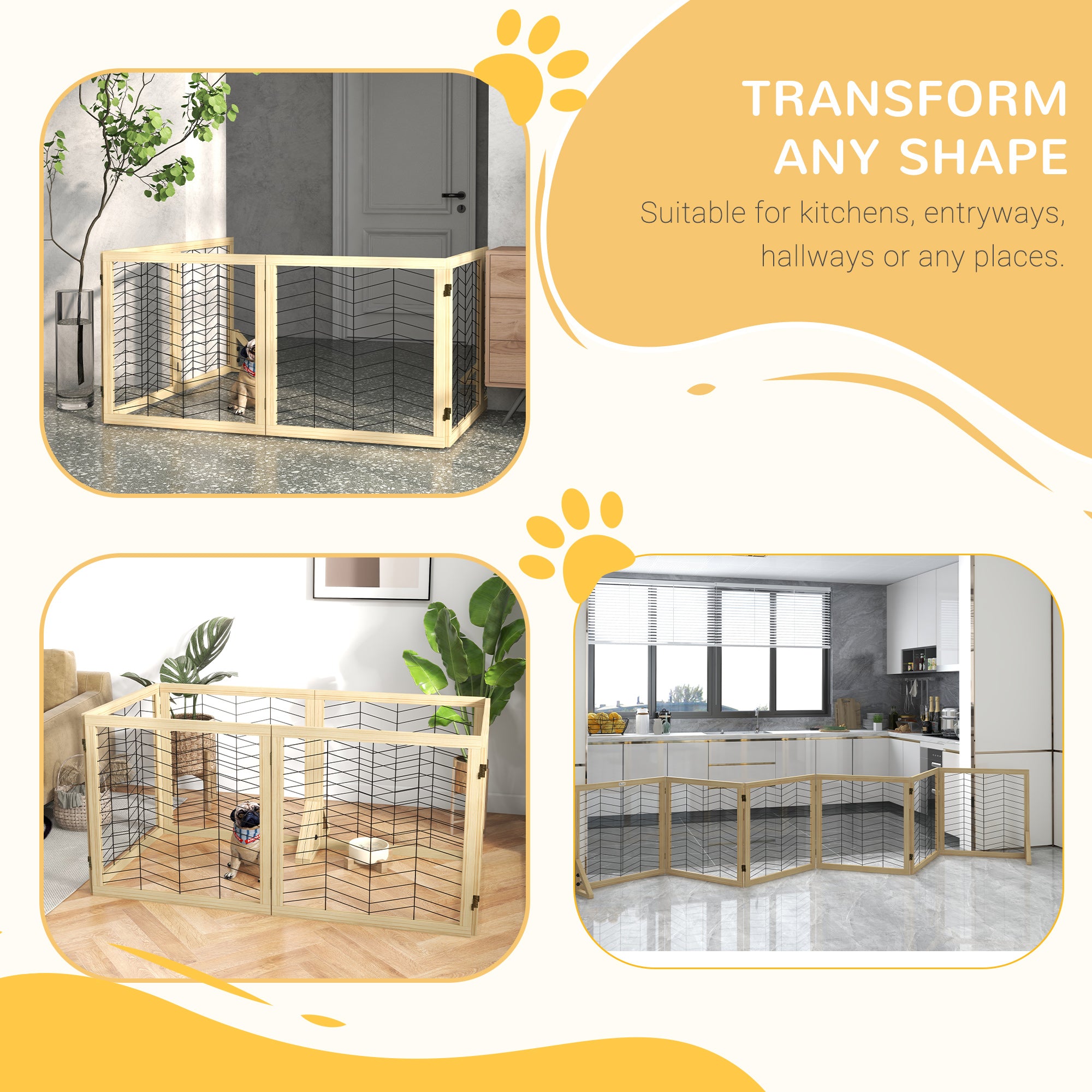 PawHut Freestanding Pet Gate, 6 Panels Dog Playpen, Foldable Dog Barrier with 2 Pcs Support Feet, for House, Doorway, Stairs, Small and Medium Dogs - Natural Wood
