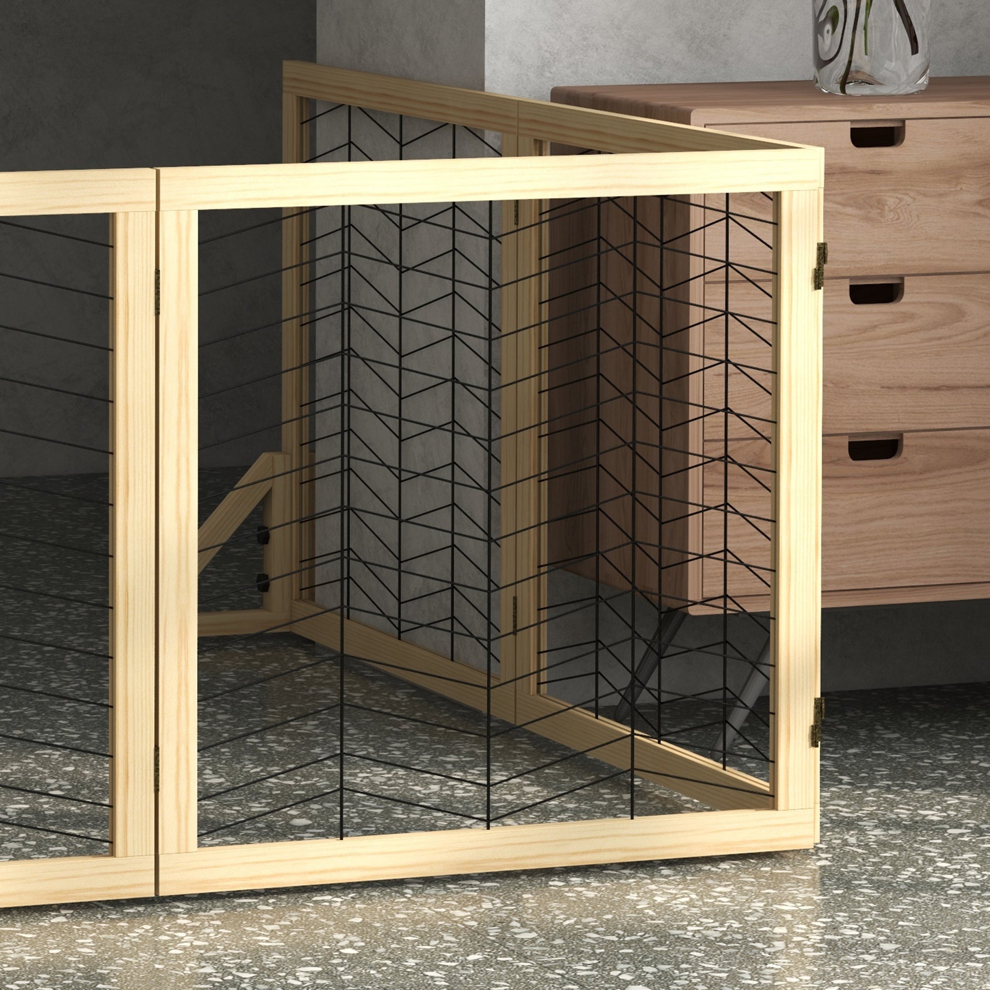PawHut Freestanding Pet Gate, 6 Panels Dog Playpen, Foldable Dog Barrier with 2 Pcs Support Feet, for House, Doorway, Stairs, Small and Medium Dogs - Natural Wood