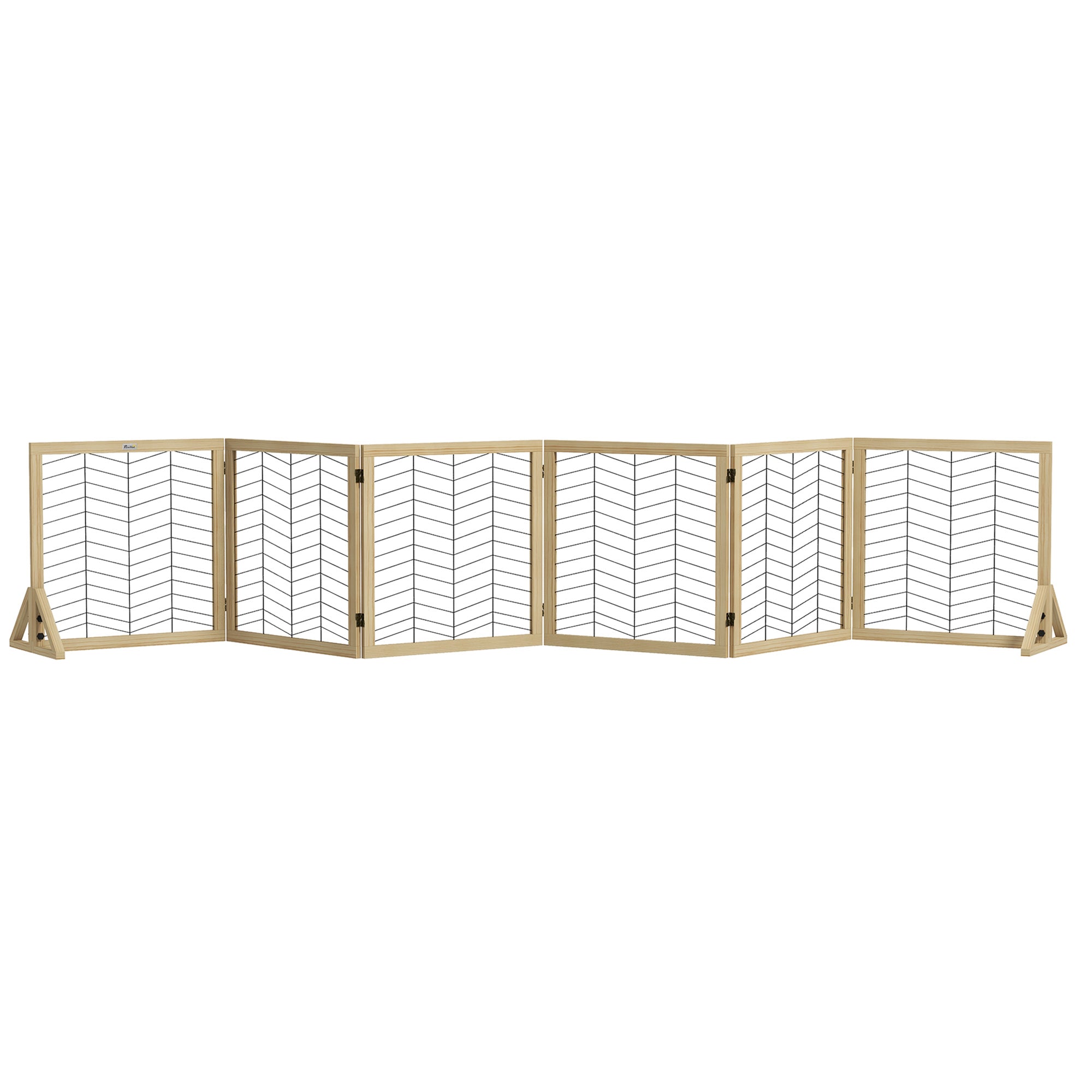 PawHut Freestanding Pet Gate, 6 Panels Dog Playpen, Foldable Dog Barrier with 2 Pcs Support Feet, for House, Doorway, Stairs, Small and Medium Dogs - Natural Wood