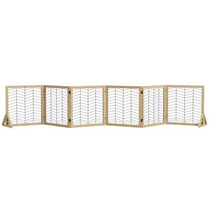 PawHut Freestanding Pet Gate, 6 Panels Dog Playpen, Foldable Dog Barrier with 2 Pcs Support Feet, for House, Doorway, Stairs, Small and Medium Dogs - Natural Wood