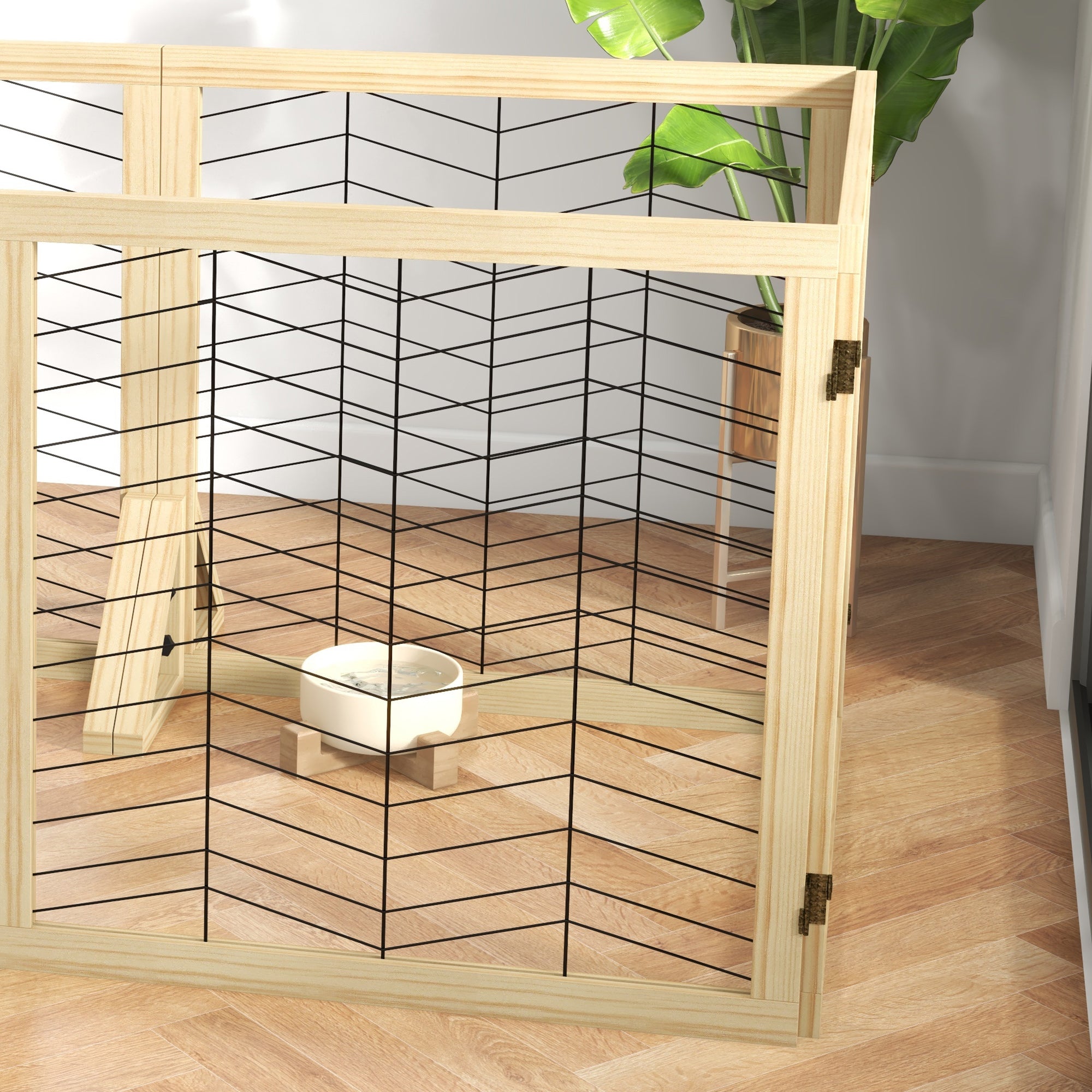PawHut Freestanding Pet Gate, 6 Panels Dog Playpen, Foldable Dog Barrier with 2 Pcs Support Feet, for House, Doorway, Stairs, Small and Medium Dogs - Natural Wood