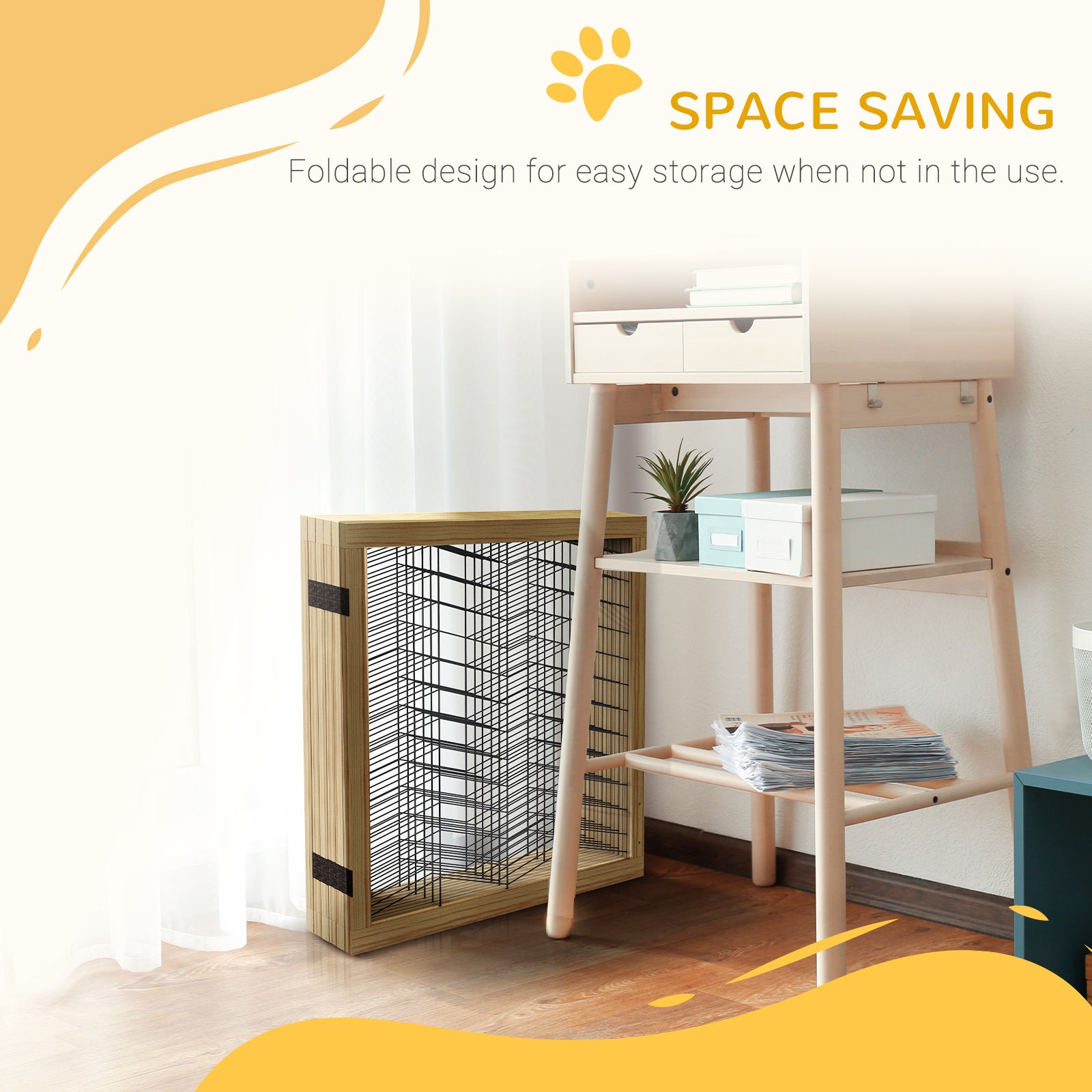 PawHut Freestanding Pet Gate, 6 Panels Dog Playpen, Foldable Dog Barrier with 2 Pcs Support Feet, for House, Doorway, Stairs, Small and Medium Dogs - Natural Wood