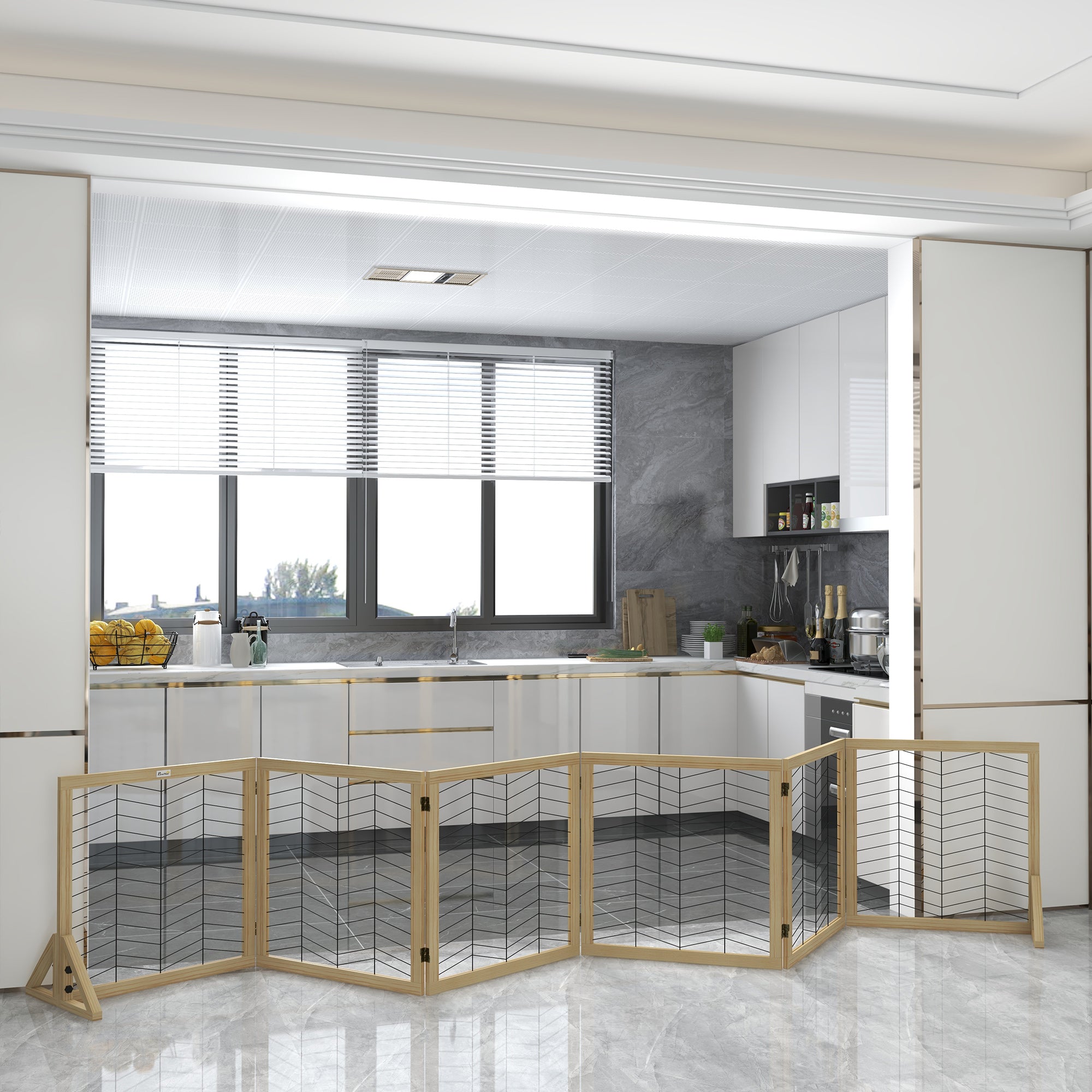 PawHut Freestanding Pet Gate, 6 Panels Dog Playpen, Foldable Dog Barrier with 2 Pcs Support Feet, for House, Doorway, Stairs, Small and Medium Dogs - Natural Wood