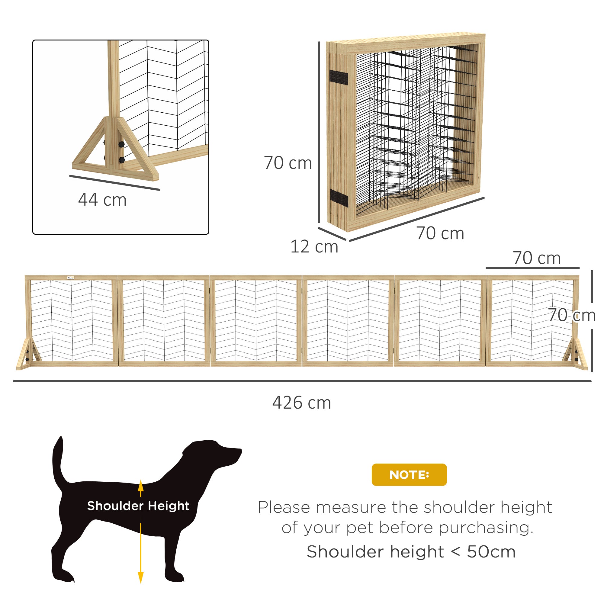 PawHut Freestanding Pet Gate, 6 Panels Dog Playpen, Foldable Dog Barrier with 2 Pcs Support Feet, for House, Doorway, Stairs, Small and Medium Dogs - Natural Wood