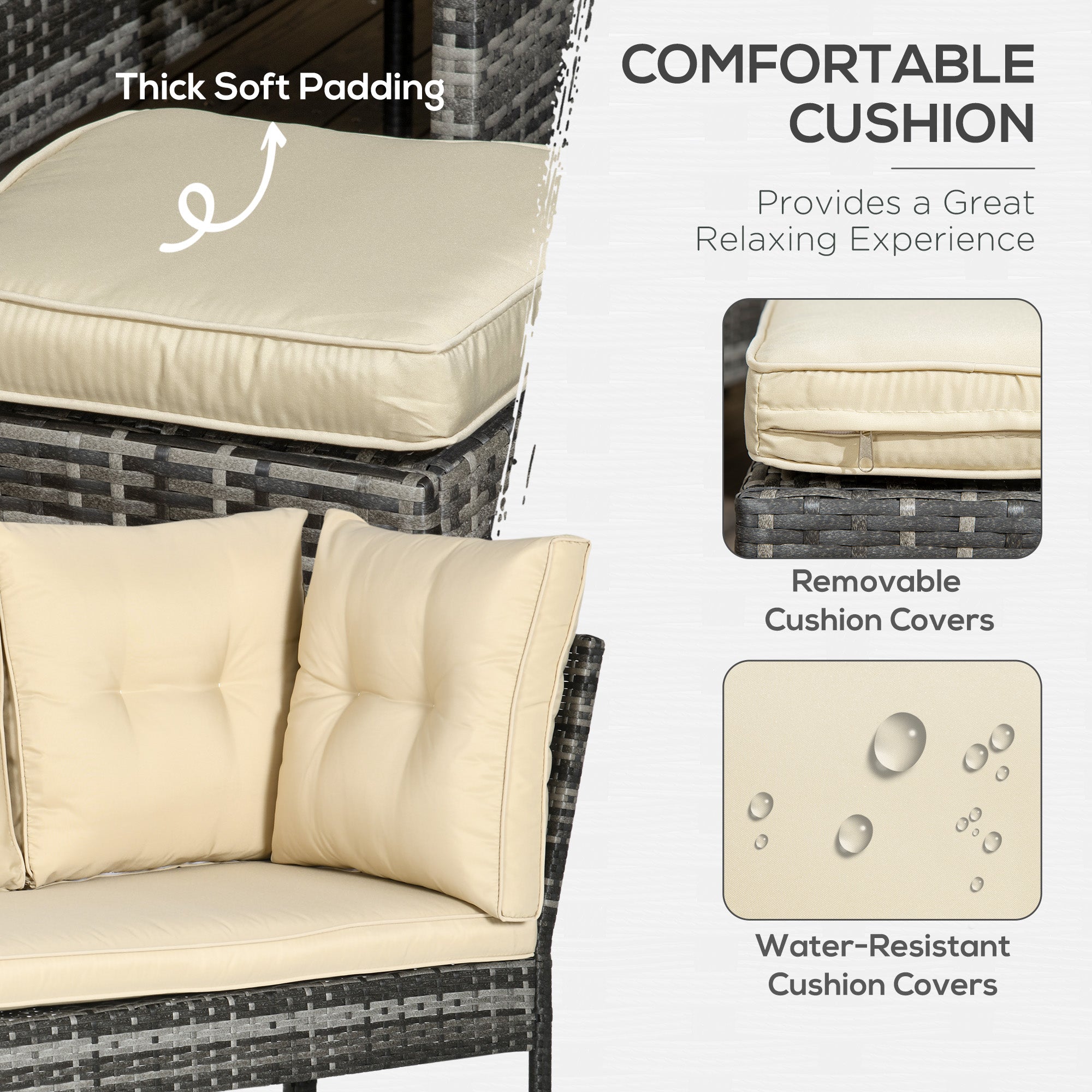 Outsunny 6 Pieces Wicker Patio Dining Set Outdoor Furniture Set with Removable Cushions, Glass Top Dining Table, 2 Ottomans, PE Rattan Conversation Set for Garden Poolside, Khaki