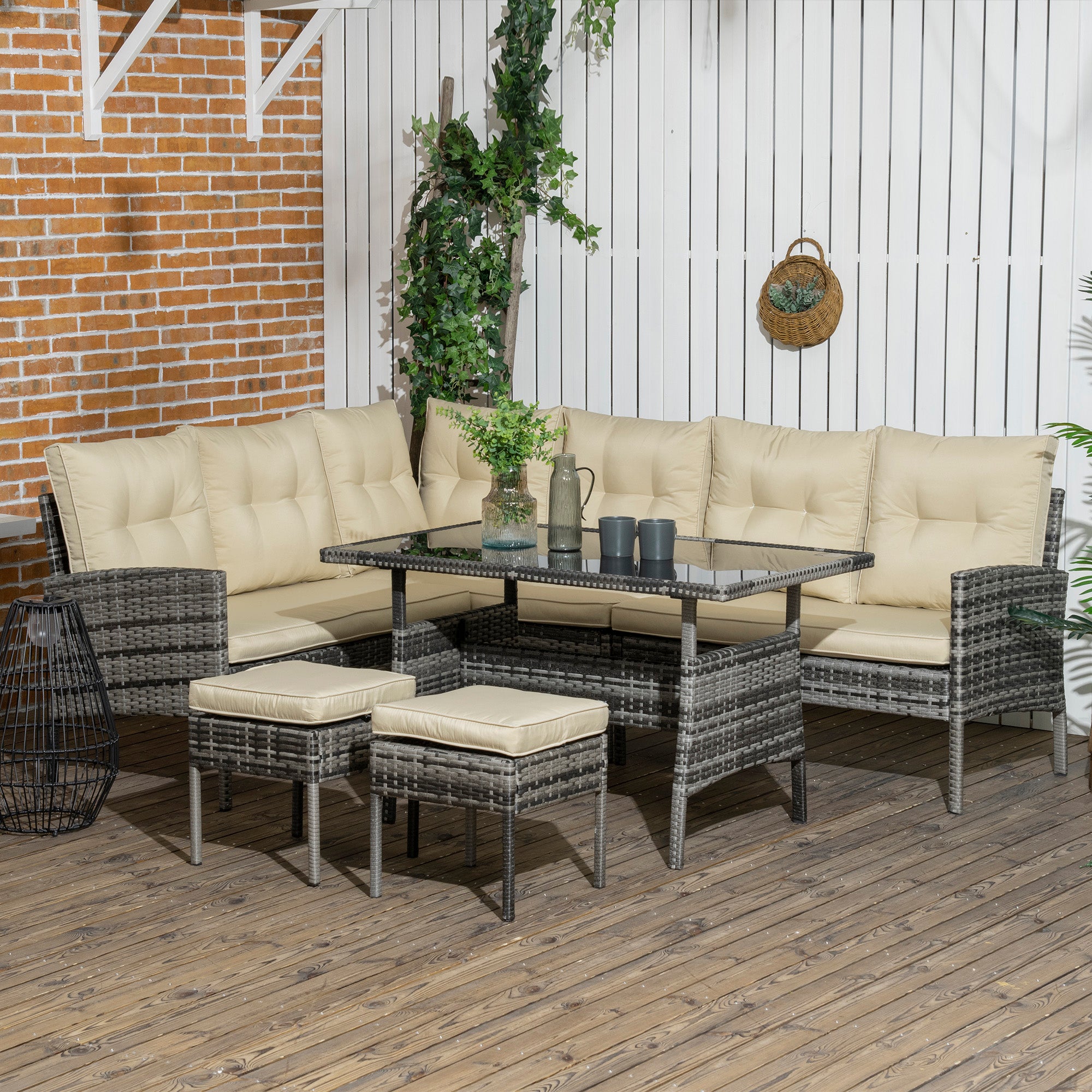 Outsunny 6 Pieces Wicker Patio Dining Set Outdoor Furniture Set with Removable Cushions, Glass Top Dining Table, 2 Ottomans, PE Rattan Conversation Set for Garden Poolside, Khaki