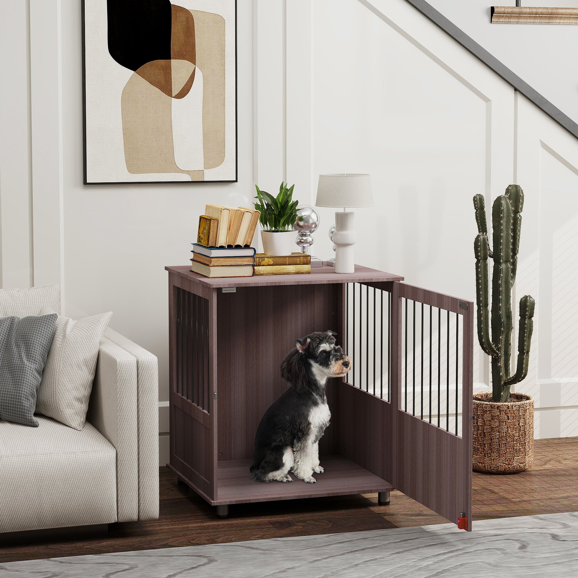 PawHut Dog Crate Furniture End Table, Pet Kennel for Small Dogs with Magnetic Door Indoor Animal Cage, Grey, 60 x 55 x 70 cm, Purple
