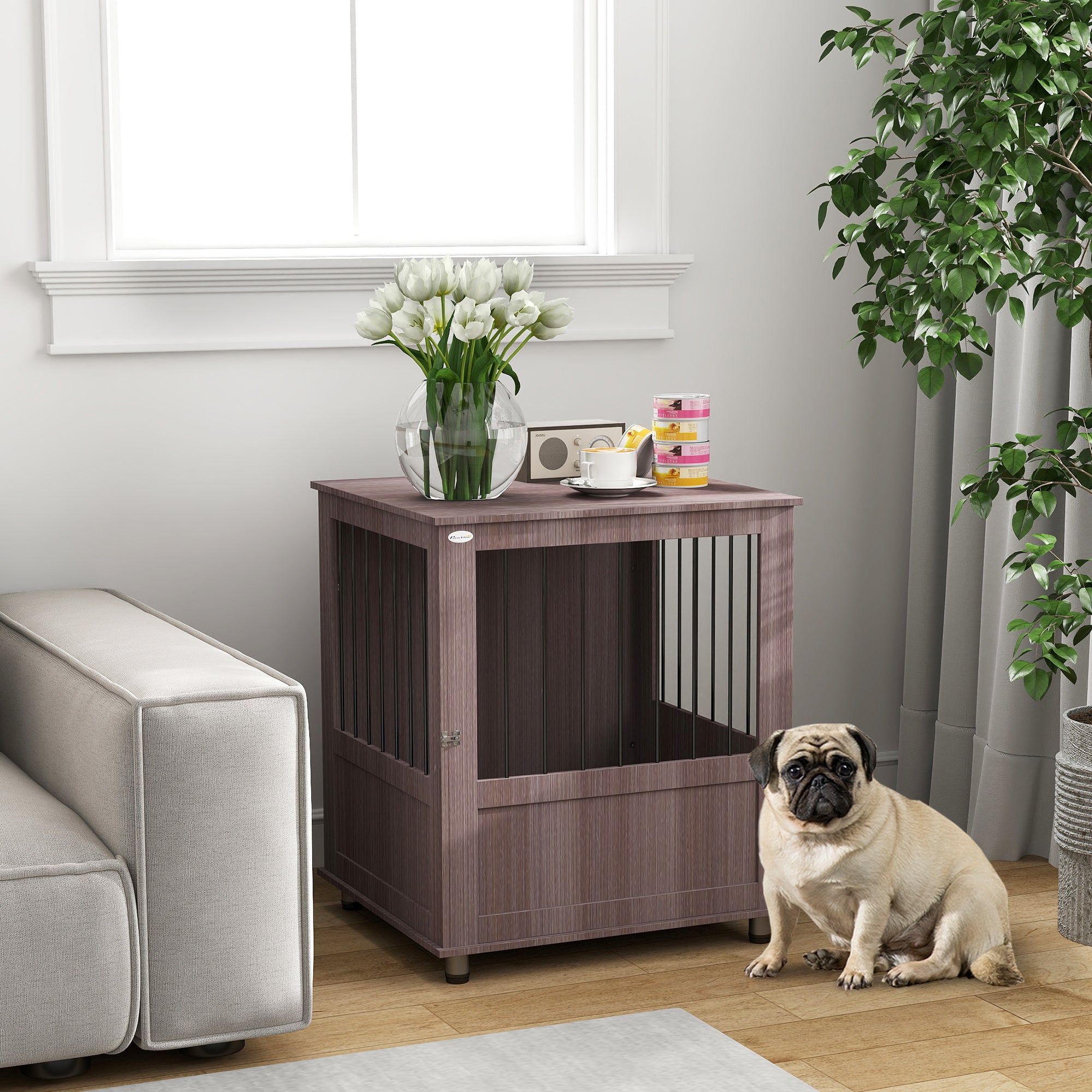 PawHut Dog Crate Furniture End Table, Pet Kennel for Small Dogs with Magnetic Door Indoor Animal Cage, Grey, 60 x 55 x 70 cm, Purple